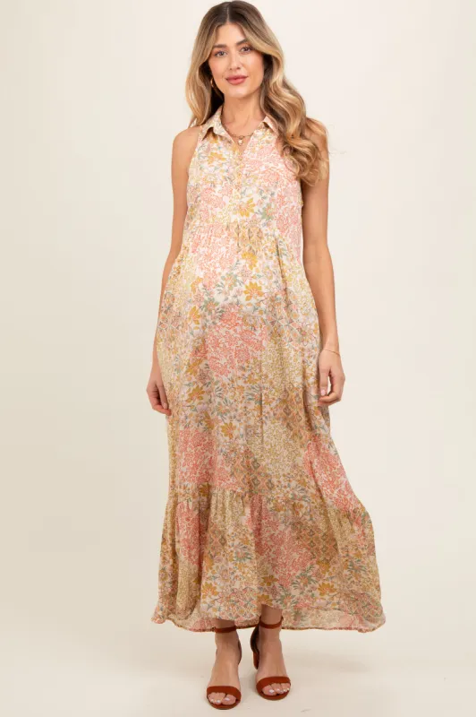 Peach Floral Sleeveless Button Tiered Collared Maternity Maxi Dress sold by Pinkblush