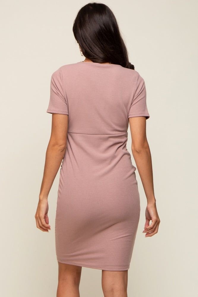 Taupe Rib Knit Wrap Ruched Dress sold by Pinkblush product image thumbnail 3