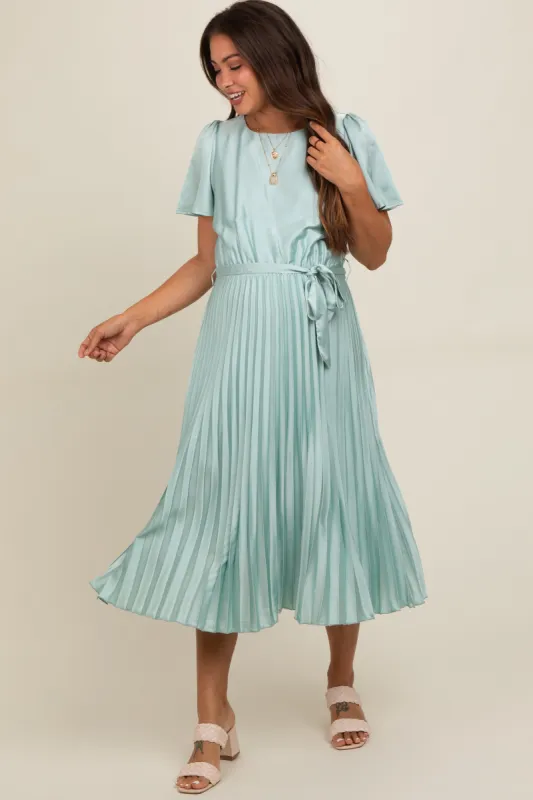 Mint Green Satin Pleated Sash Tie Maternity Midi Dress sold by Pinkblush