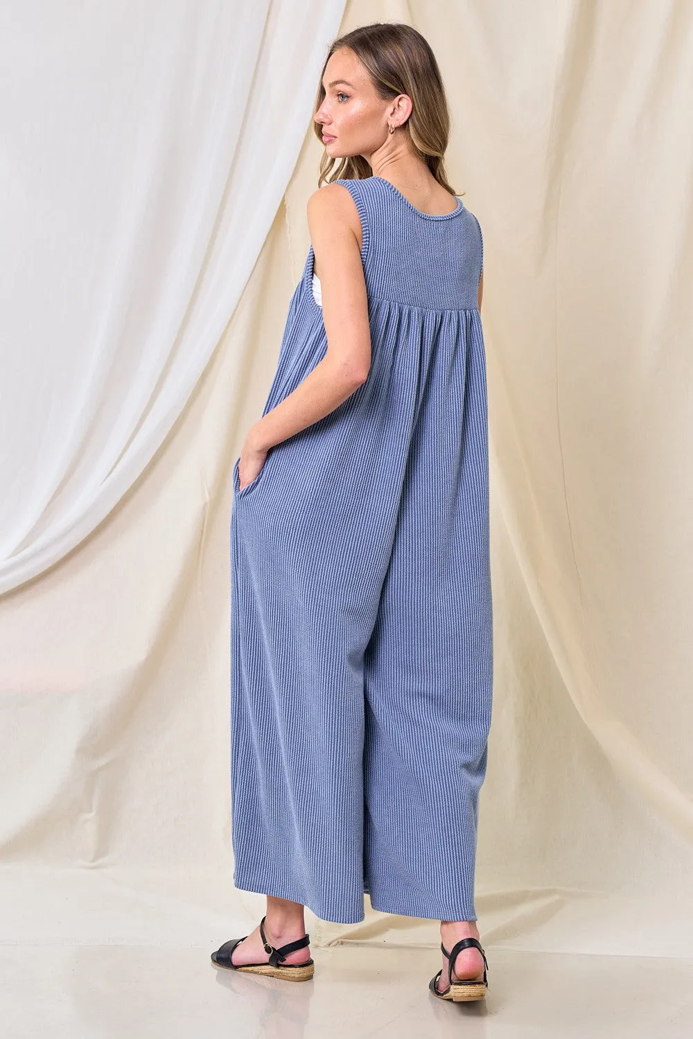 Blue Ribbed Sleeveless Button Front Jumpsuit sold by Pinkblush product image thumbnail 3