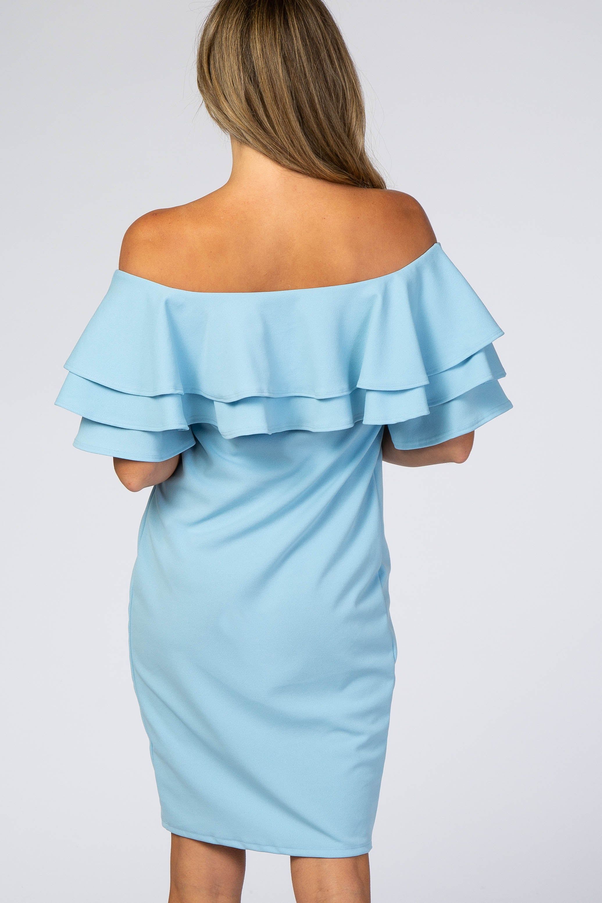 Turquoise Layered Ruffle Off Shoulder Fitted Dress sold by Pinkblush product image thumbnail 4
