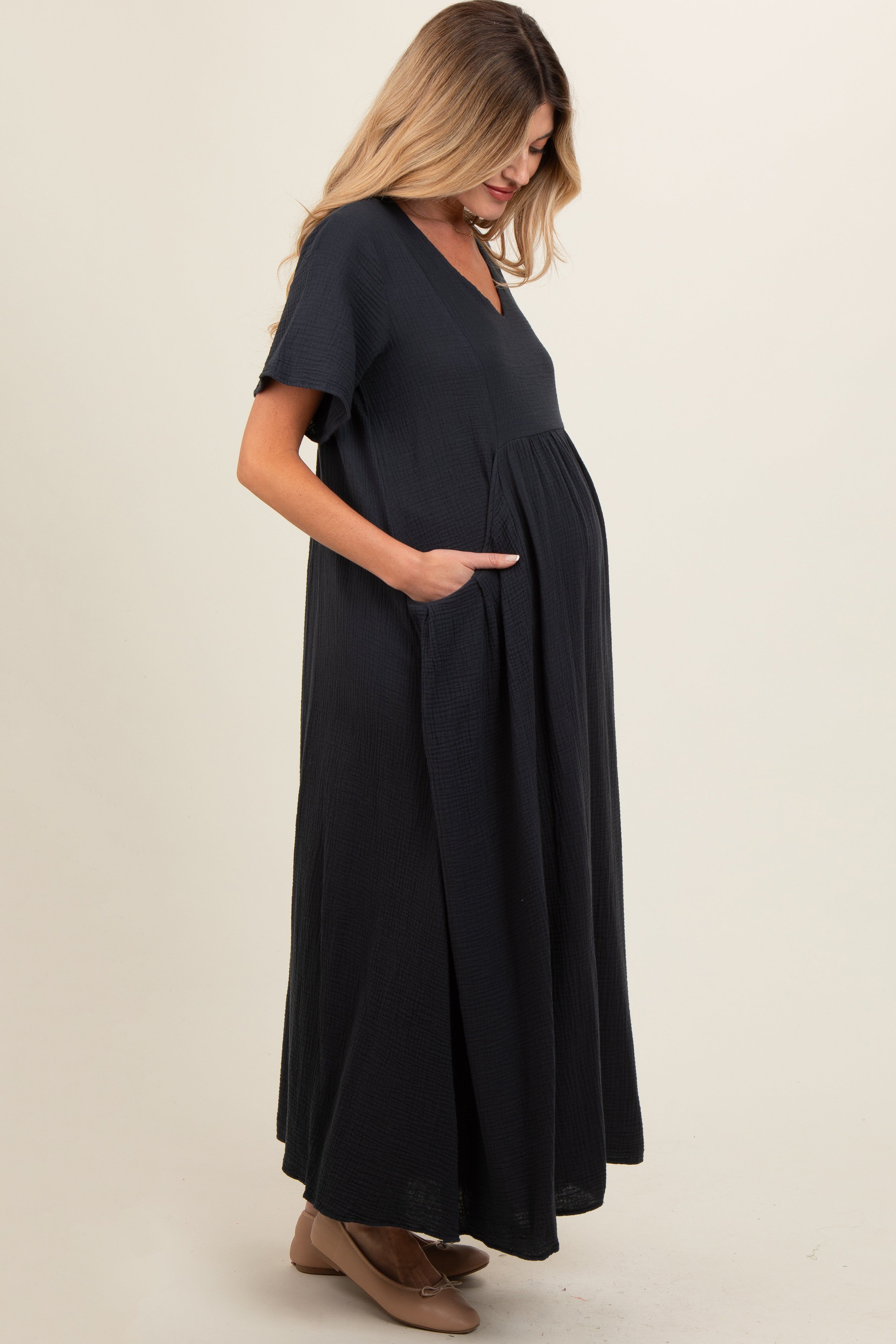Charcoal Gauze Short Sleeve Maternity Midi Dress sold by Pinkblush product image thumbnail 2