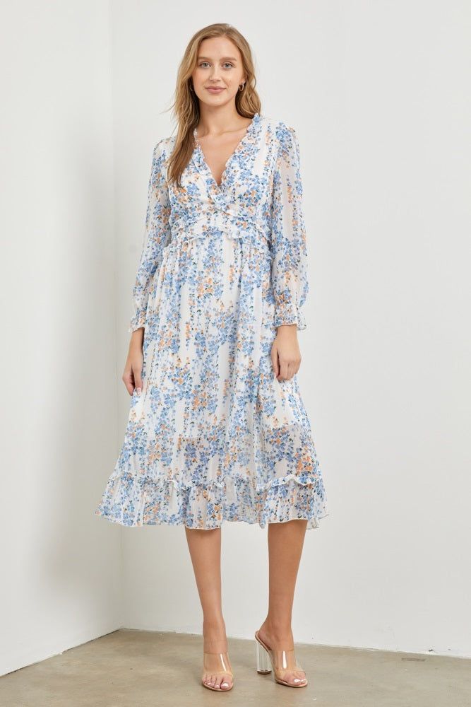 Ivory Multi Midi Dress With Waist Ruffle Detail sold by Pinkblush