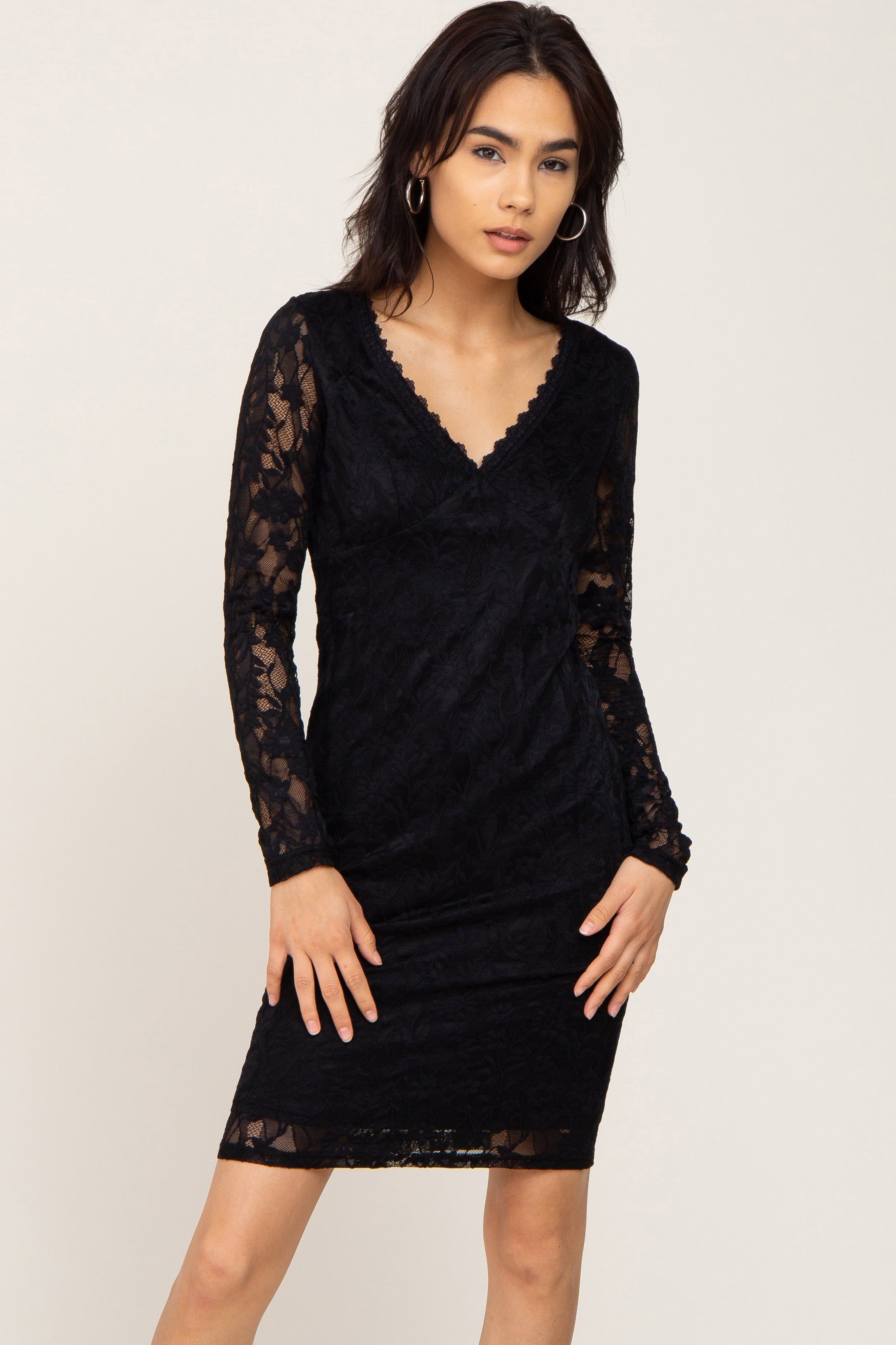 Black Lace V-Neck Fitted Dress sold by Pinkblush