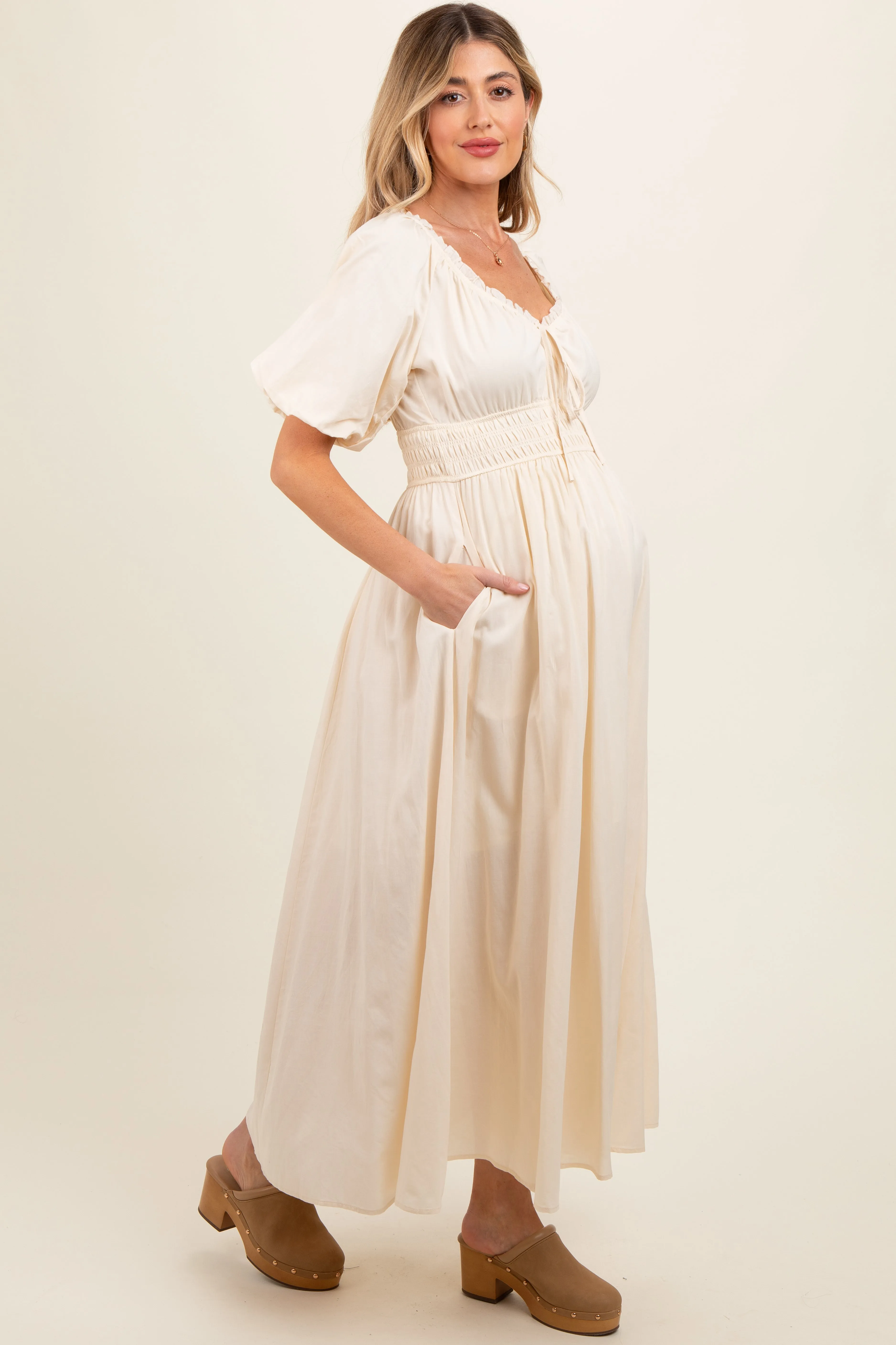Cream Smocked Puff Sleeve Maternity Maxi Dress sold by Pinkblush product image thumbnail 2