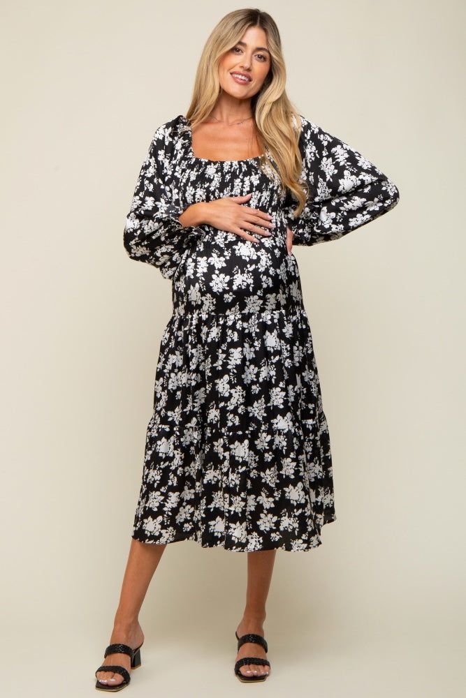 White Floral Satin Smocked Tiered Maternity Midi Dress sold by Pinkblush product image thumbnail 4