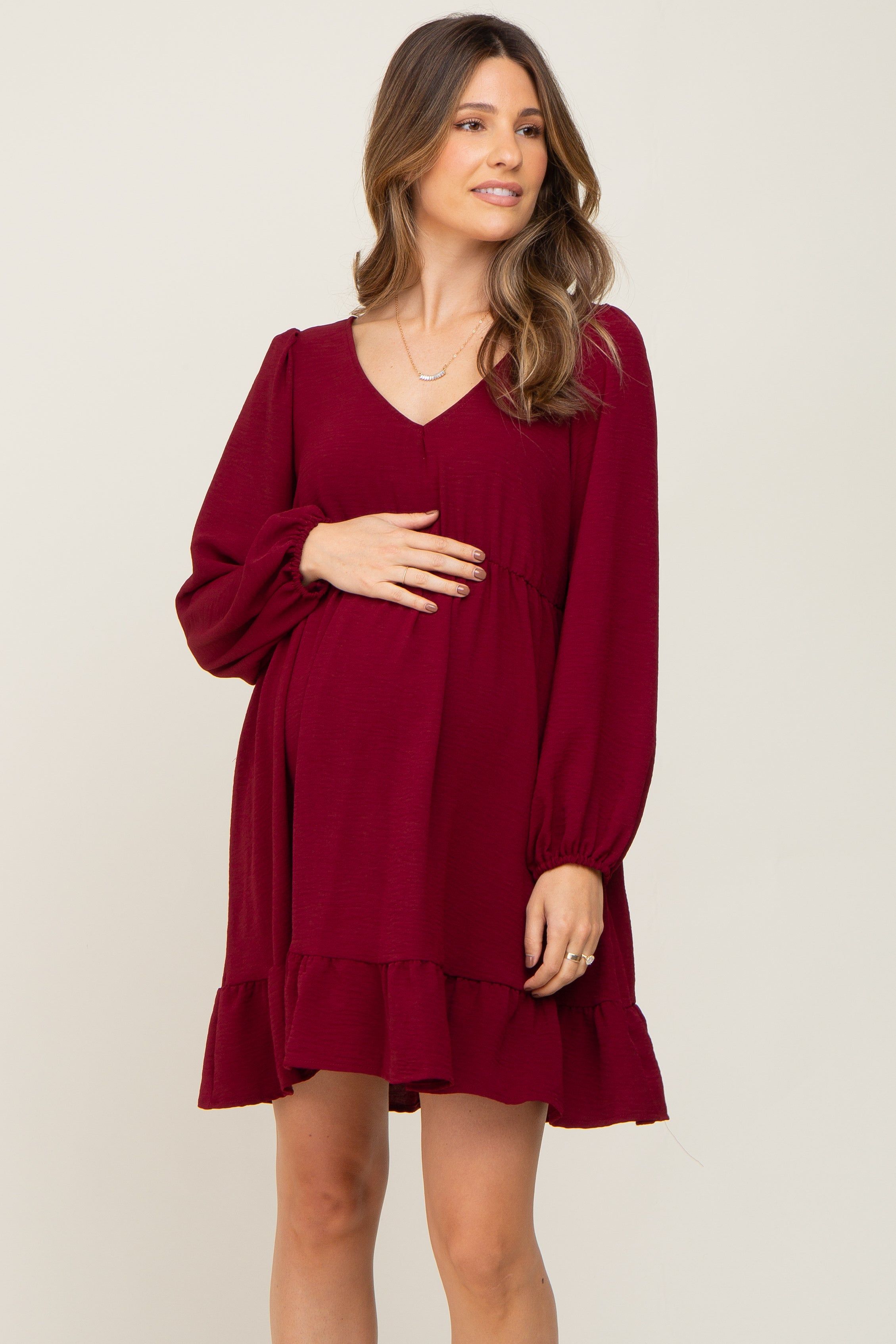 Burgundy Long Sleeve Gathered Tier Maternity Dress sold by Pinkblush product image thumbnail 2