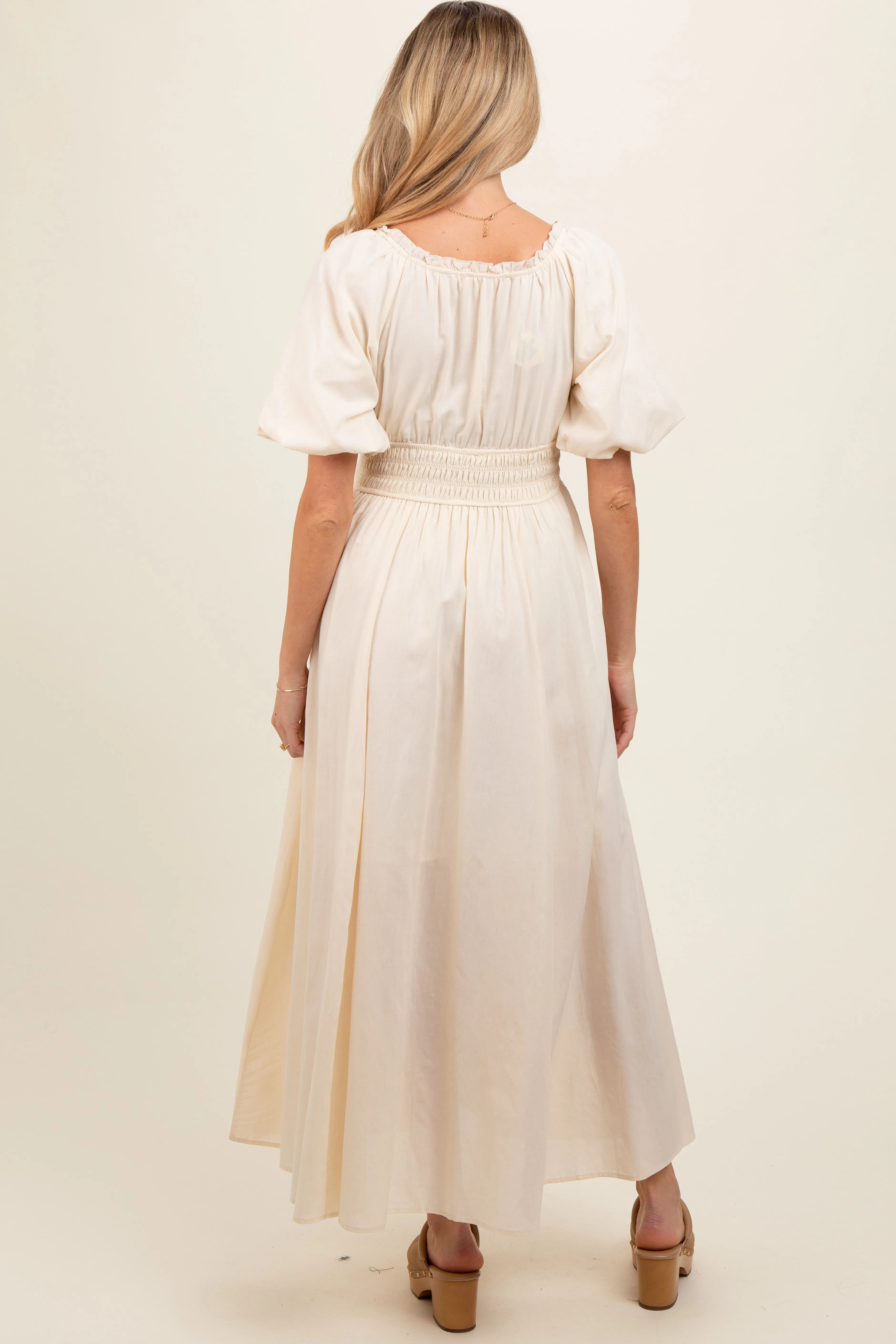 Cream Smocked Puff Sleeve Maternity Maxi Dress sold by Pinkblush product image thumbnail 3