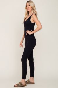 Black V-Neck Seamless Ribbed Fitted Jumpsuit sold by Pinkblush