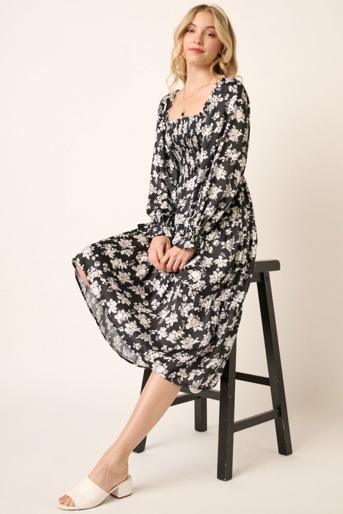 White Floral Satin Smocked Tiered Maternity Midi Dress sold by Pinkblush product image thumbnail 5