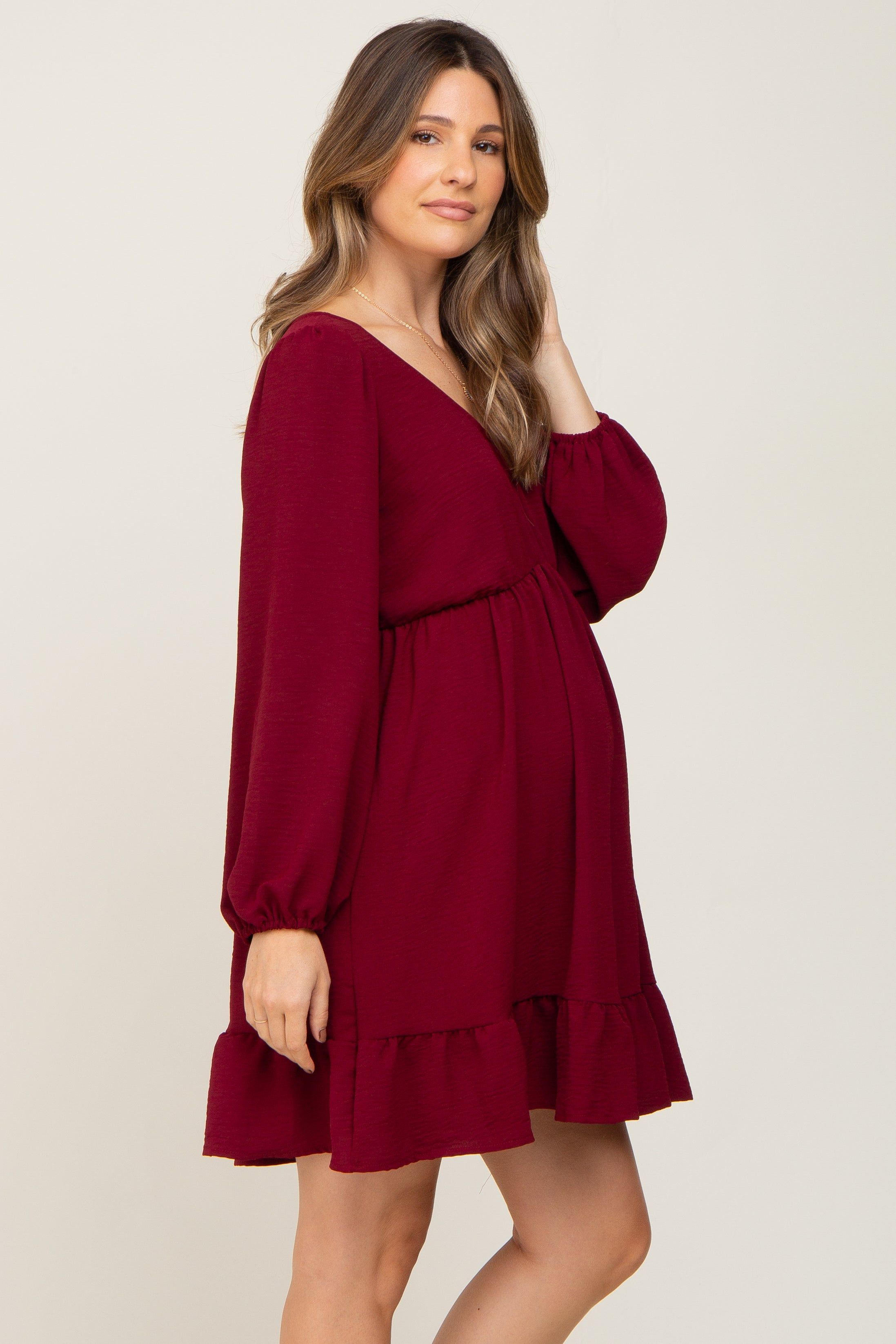 Burgundy Long Sleeve Gathered Tier Maternity Dress sold by Pinkblush product image thumbnail 3