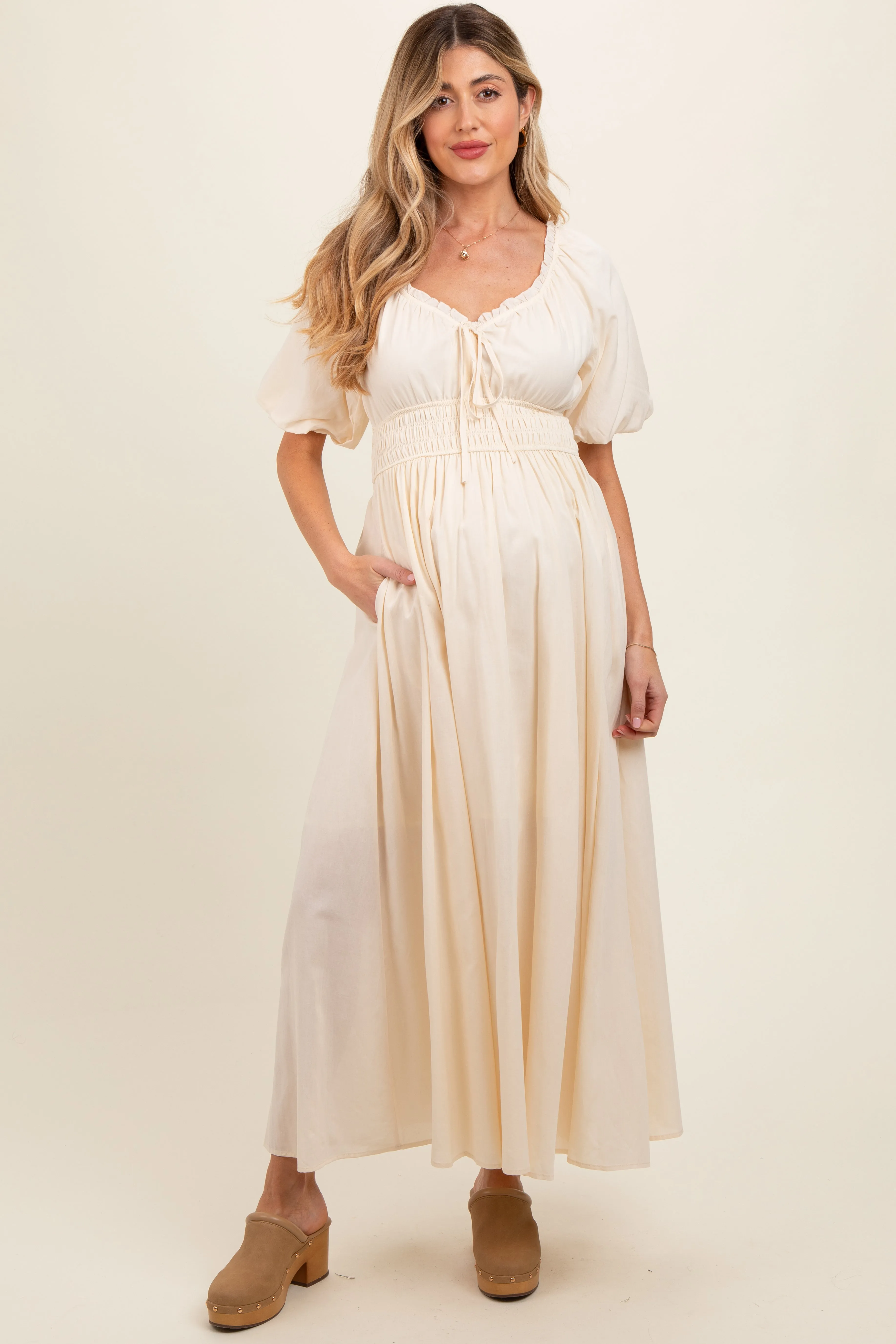 Cream Smocked Puff Sleeve Maternity Maxi Dress sold by Pinkblush