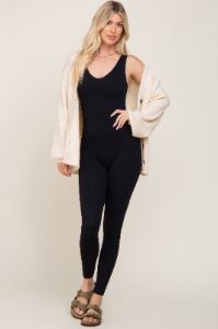 Black V-Neck Seamless Ribbed Fitted Jumpsuit sold by Pinkblush