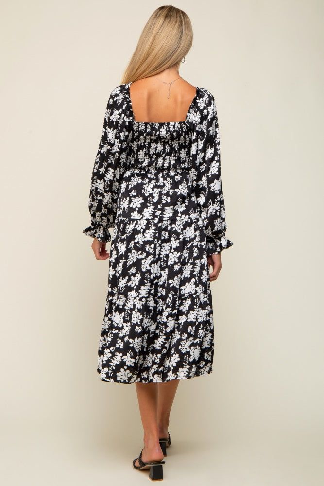 White Floral Satin Smocked Tiered Maternity Midi Dress sold by Pinkblush product image thumbnail 3