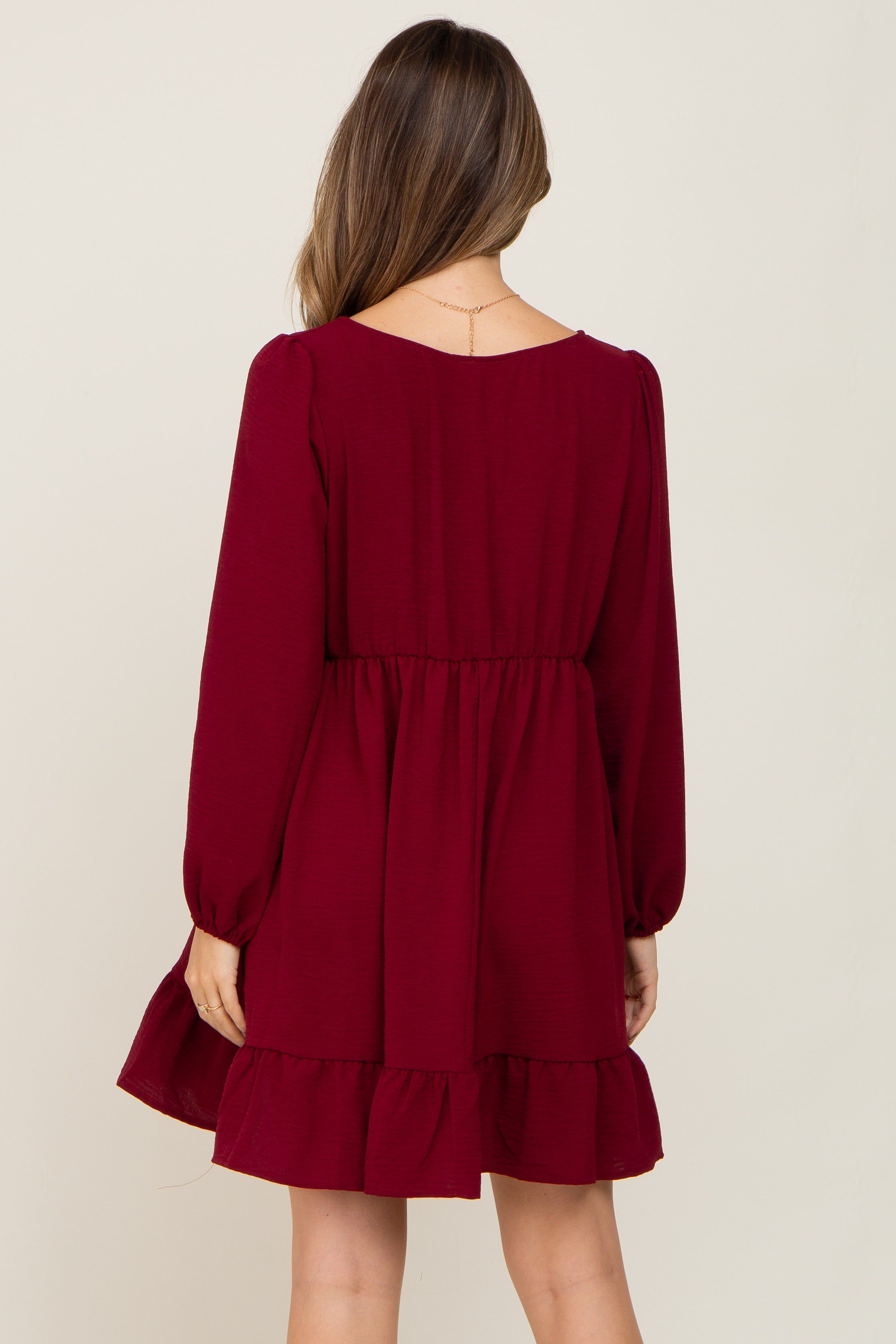 Burgundy Long Sleeve Gathered Tier Maternity Dress sold by Pinkblush product image thumbnail 4