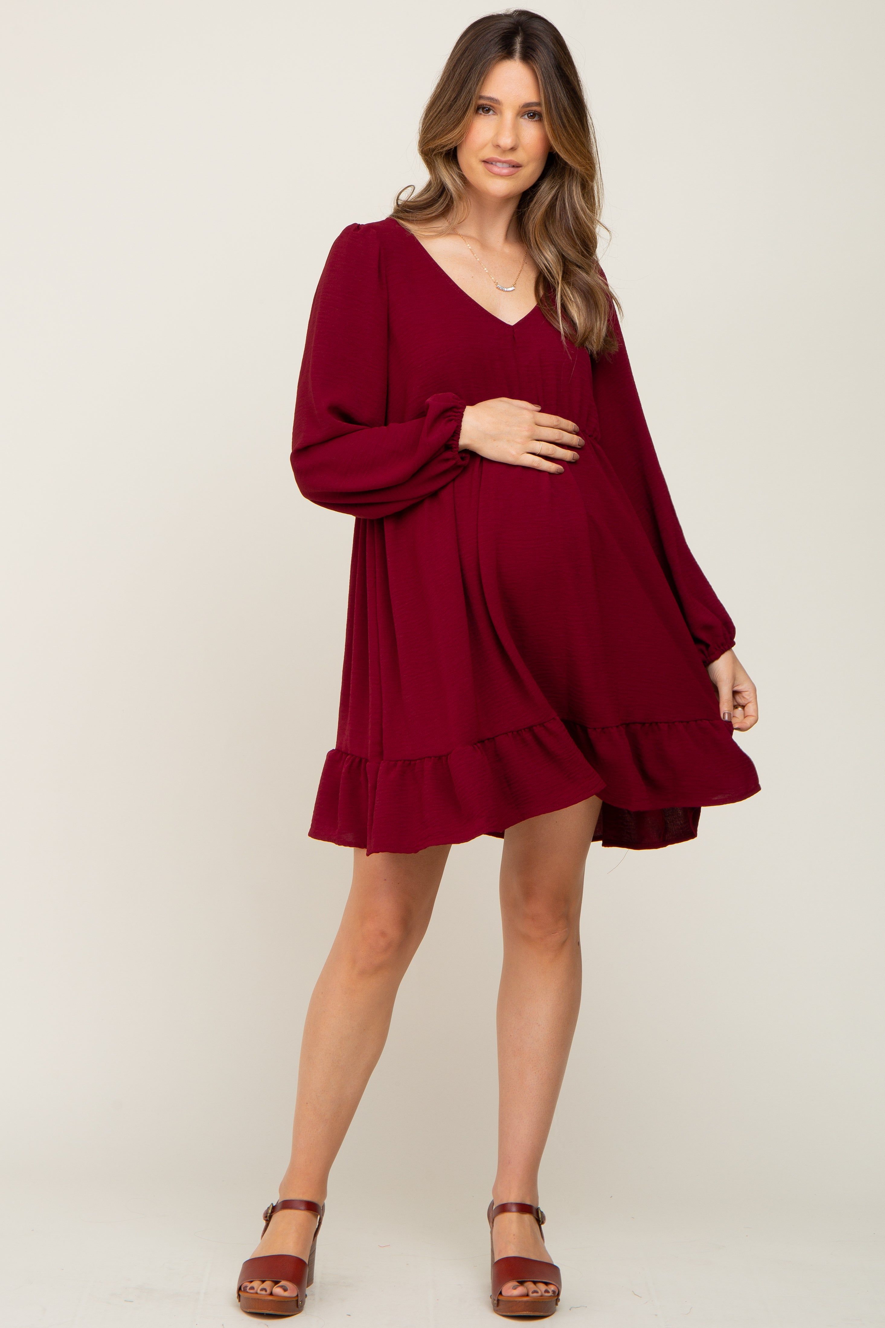 Burgundy Long Sleeve Gathered Tier Maternity Dress sold by Pinkblush