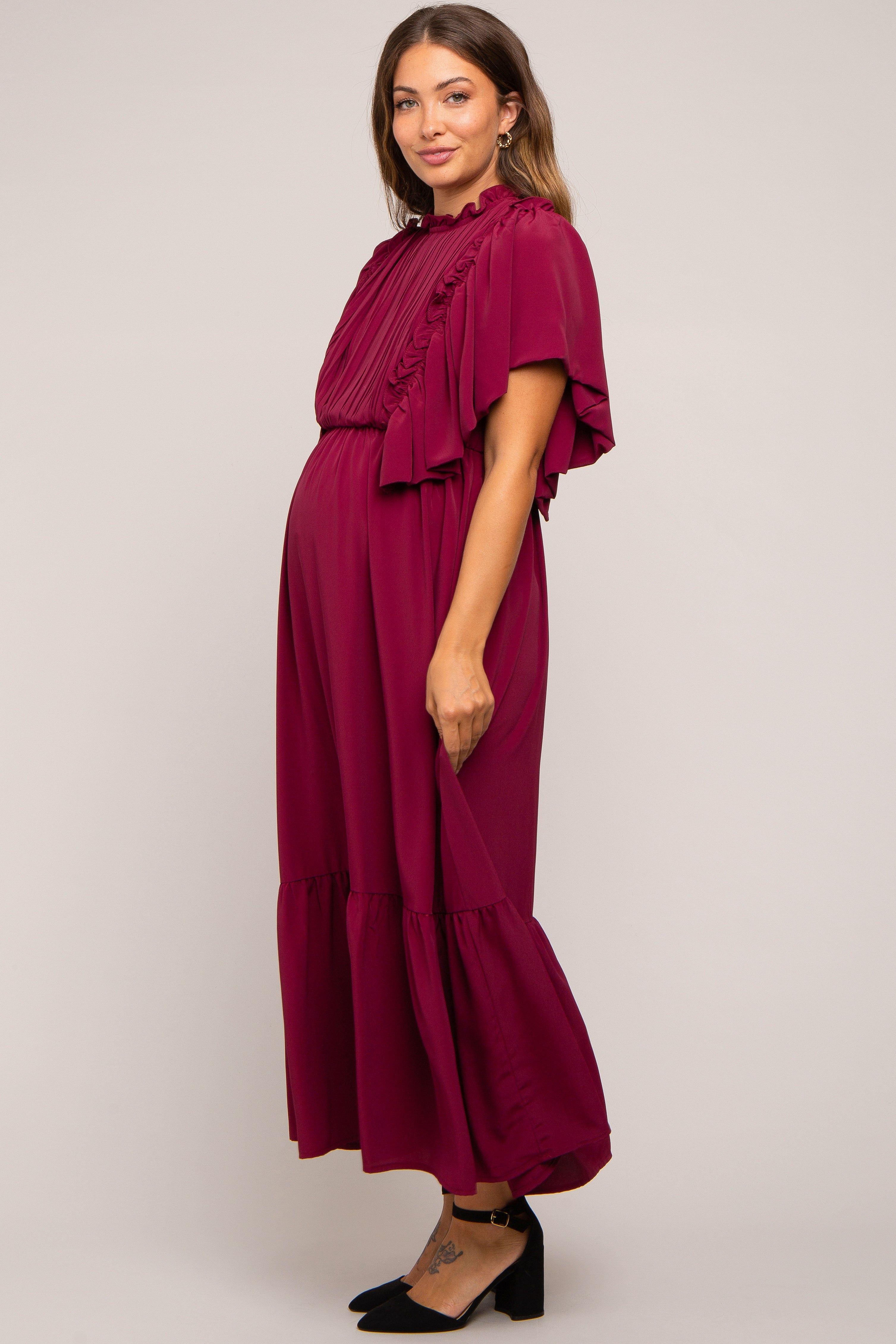 Burgundy Ruffle Pleated Maternity Maxi Dress sold by Pinkblush product image thumbnail 2