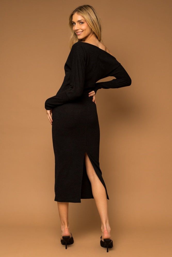 Black Off Shoulder Long Sleeve Midi Dress sold by Pinkblush product image thumbnail 3