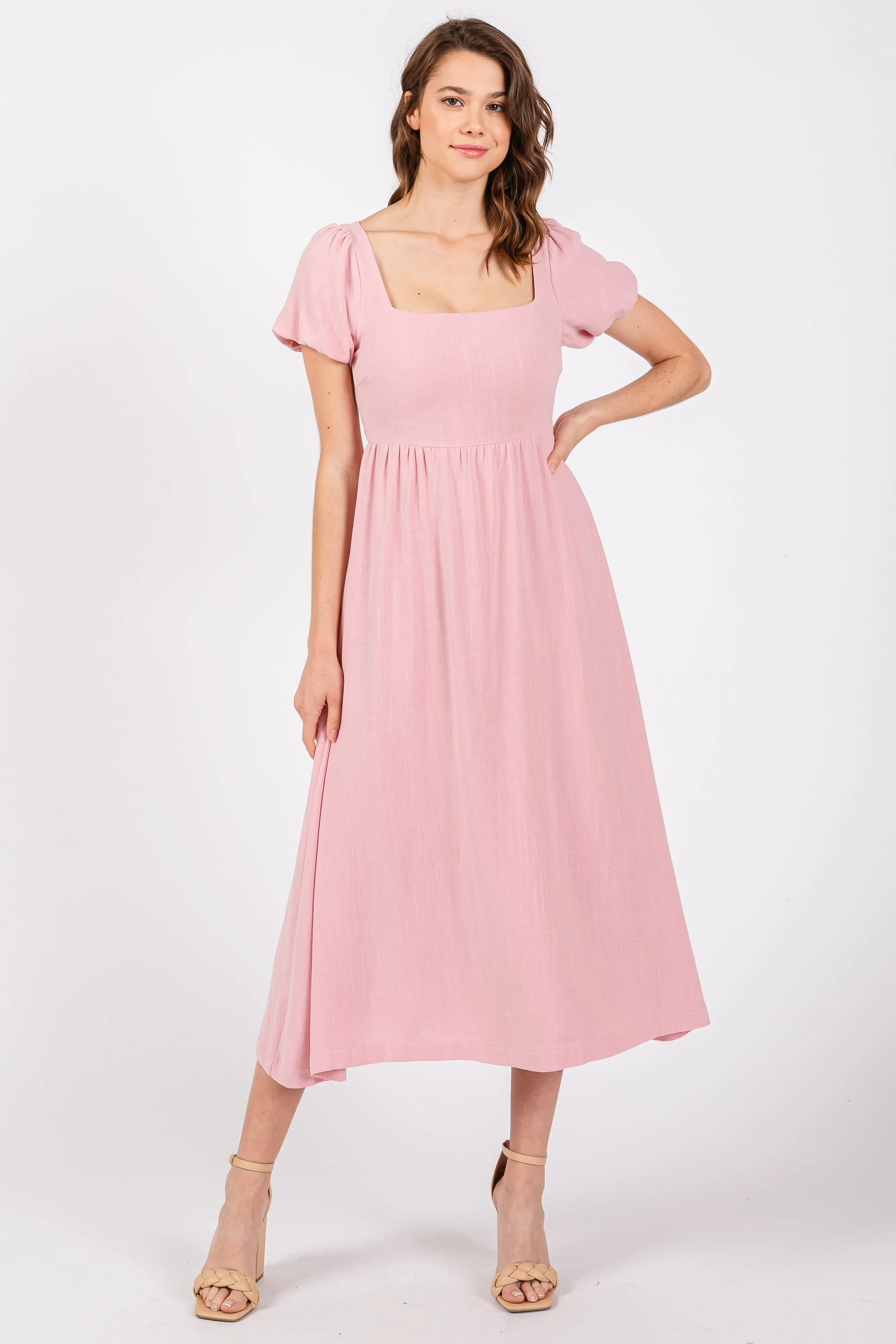 Pink Puff Sleeve Linen Midi Dress sold by Pinkblush product image thumbnail 2