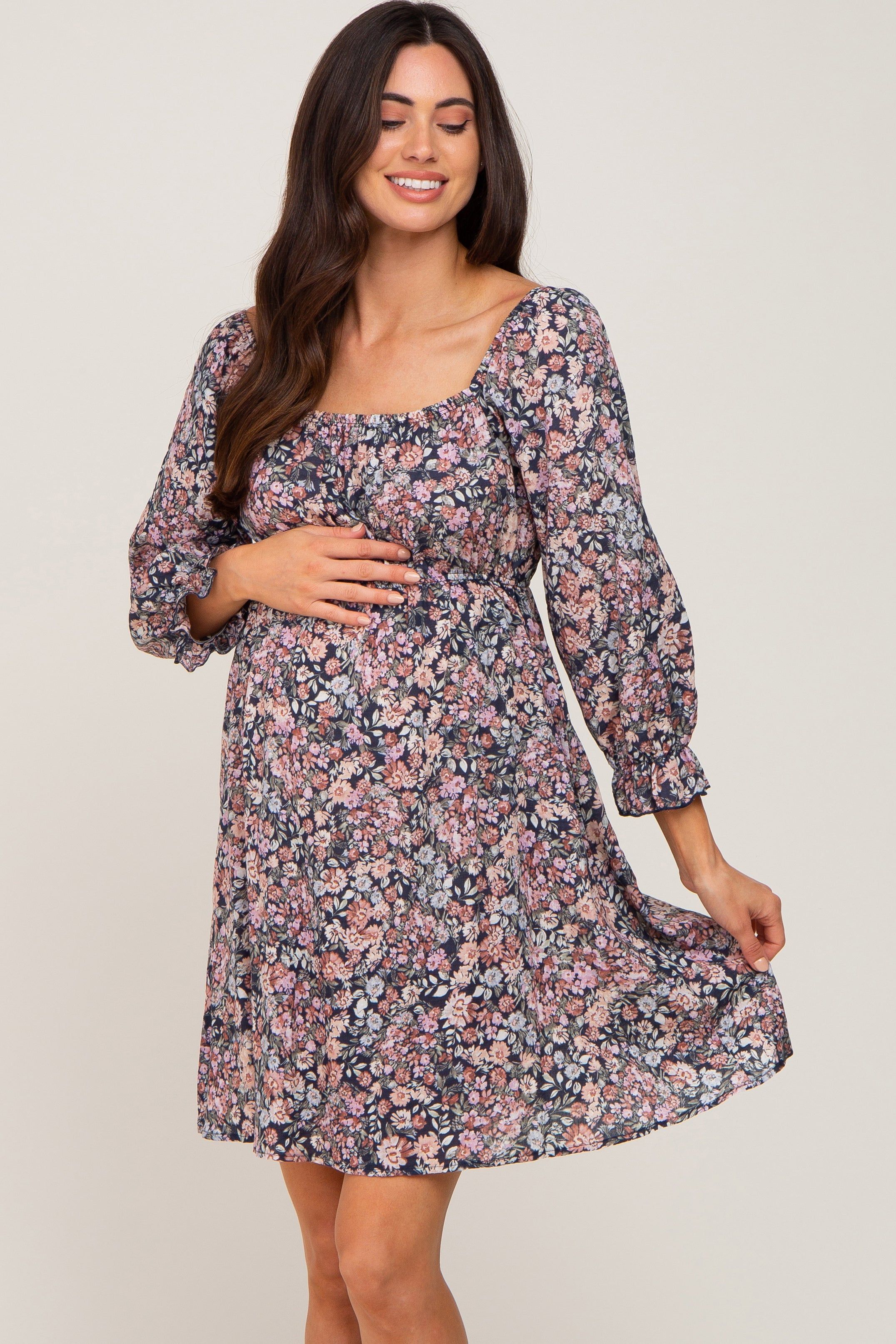 Navy Blue Floral Bubble Sleeve Maternity Dress sold by Pinkblush