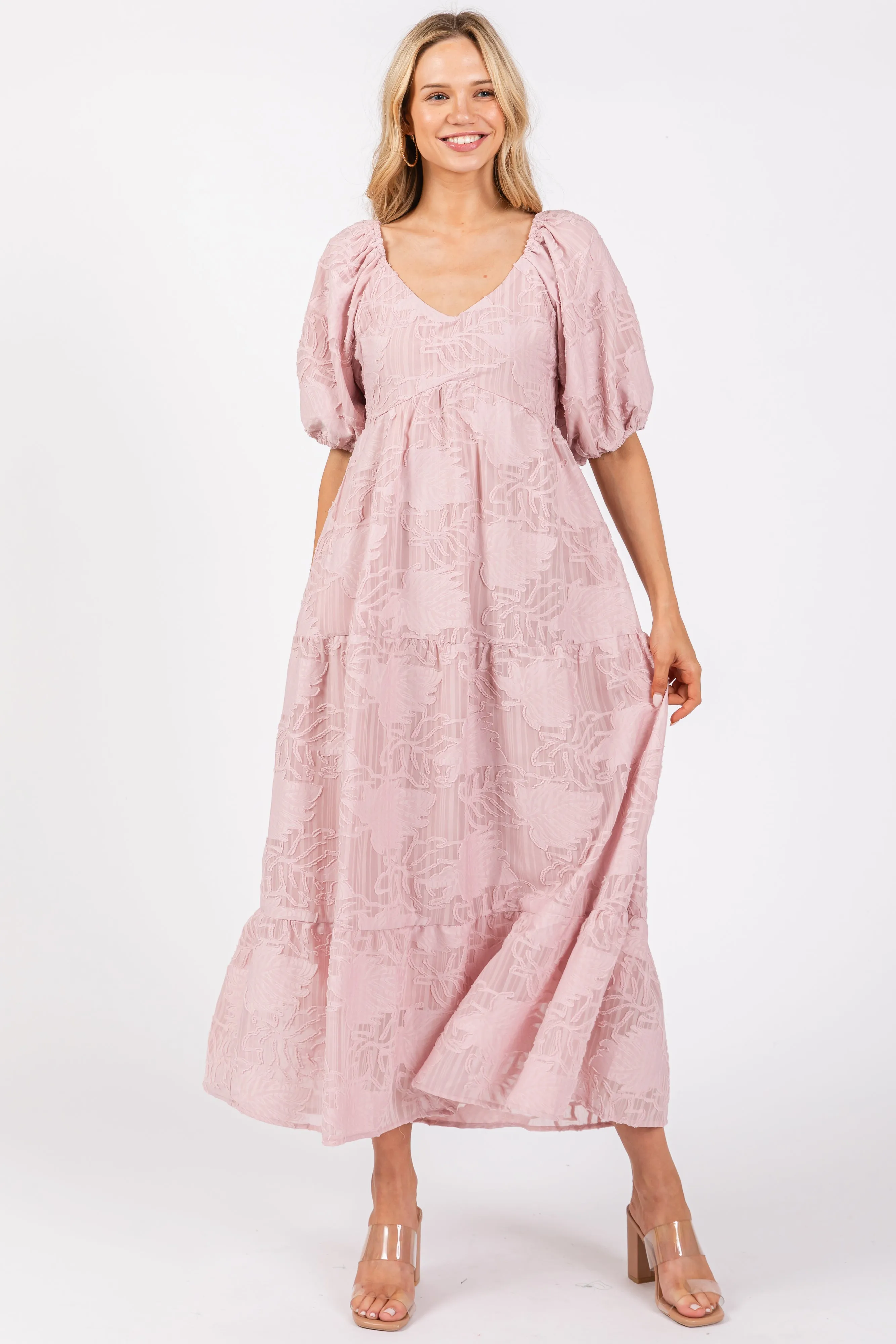 Light Pink Embroidered Leaf Print Striped Maternity Maxi Dress sold by Pinkblush product image thumbnail 4