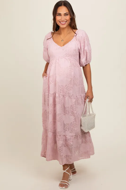 Light Pink Embroidered Leaf Print Striped Maternity Maxi Dress sold by Pinkblush