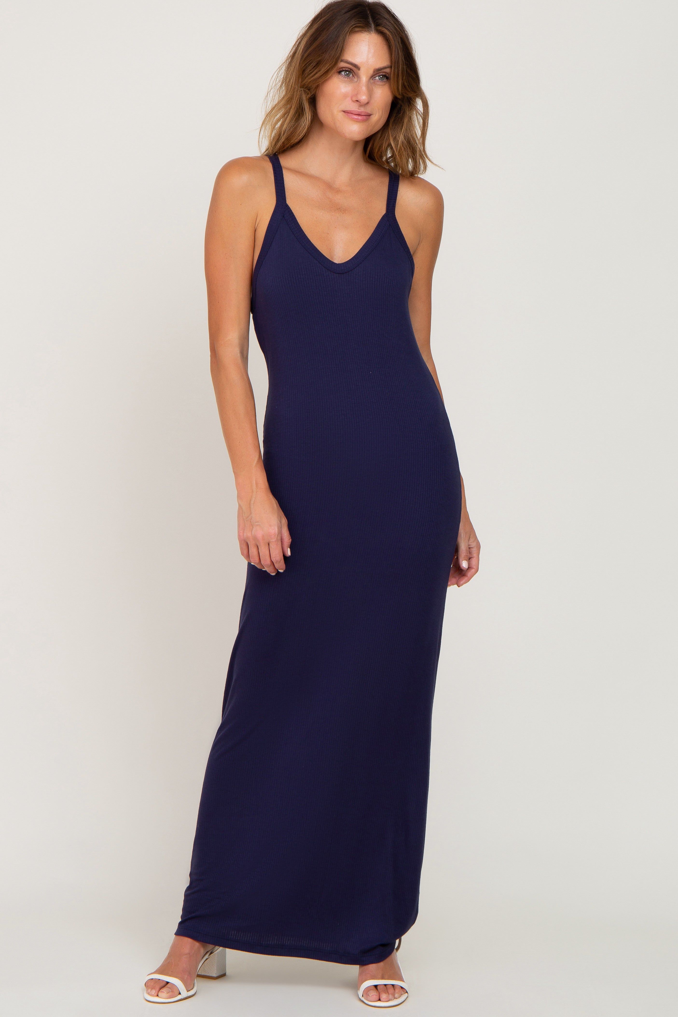 Navy Ribbed Basic Maxi Dress sold by Pinkblush