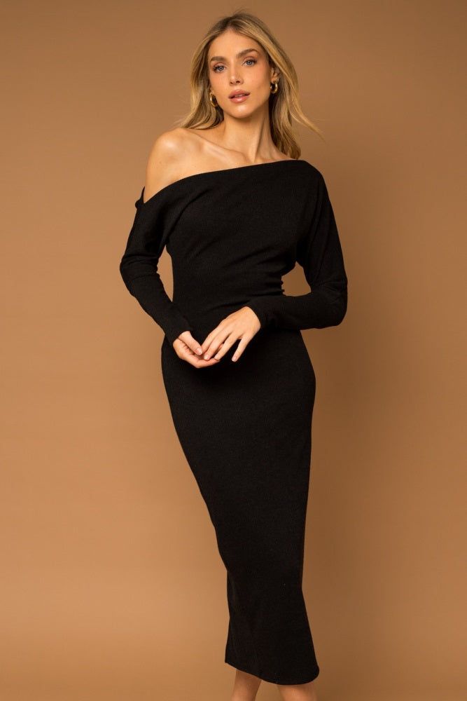 Black Off Shoulder Long Sleeve Midi Dress sold by Pinkblush product image thumbnail 4