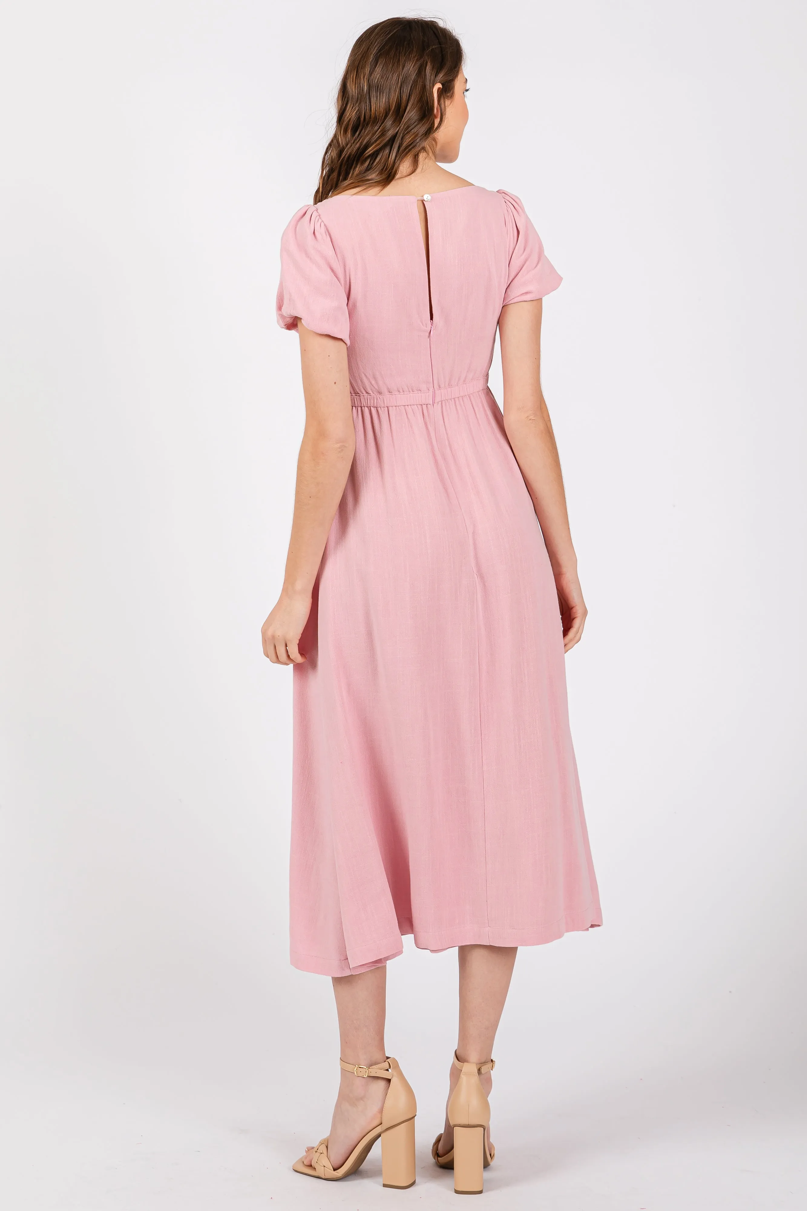 Pink Puff Sleeve Linen Midi Dress sold by Pinkblush product image thumbnail 3
