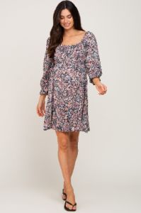 Navy Blue Floral Bubble Sleeve Maternity Dress sold by Pinkblush