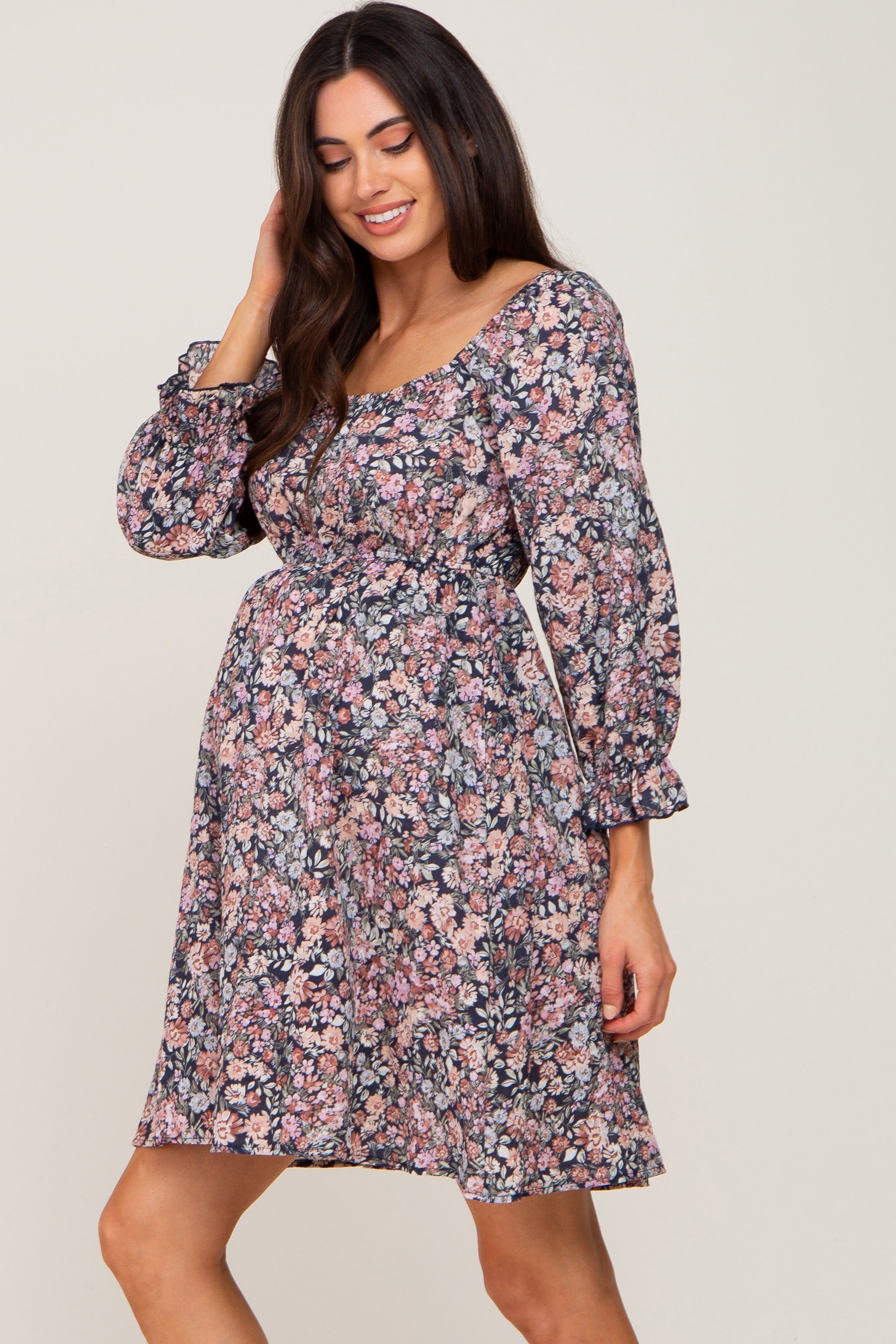 Navy Blue Floral Bubble Sleeve Maternity Dress sold by Pinkblush product image thumbnail 2