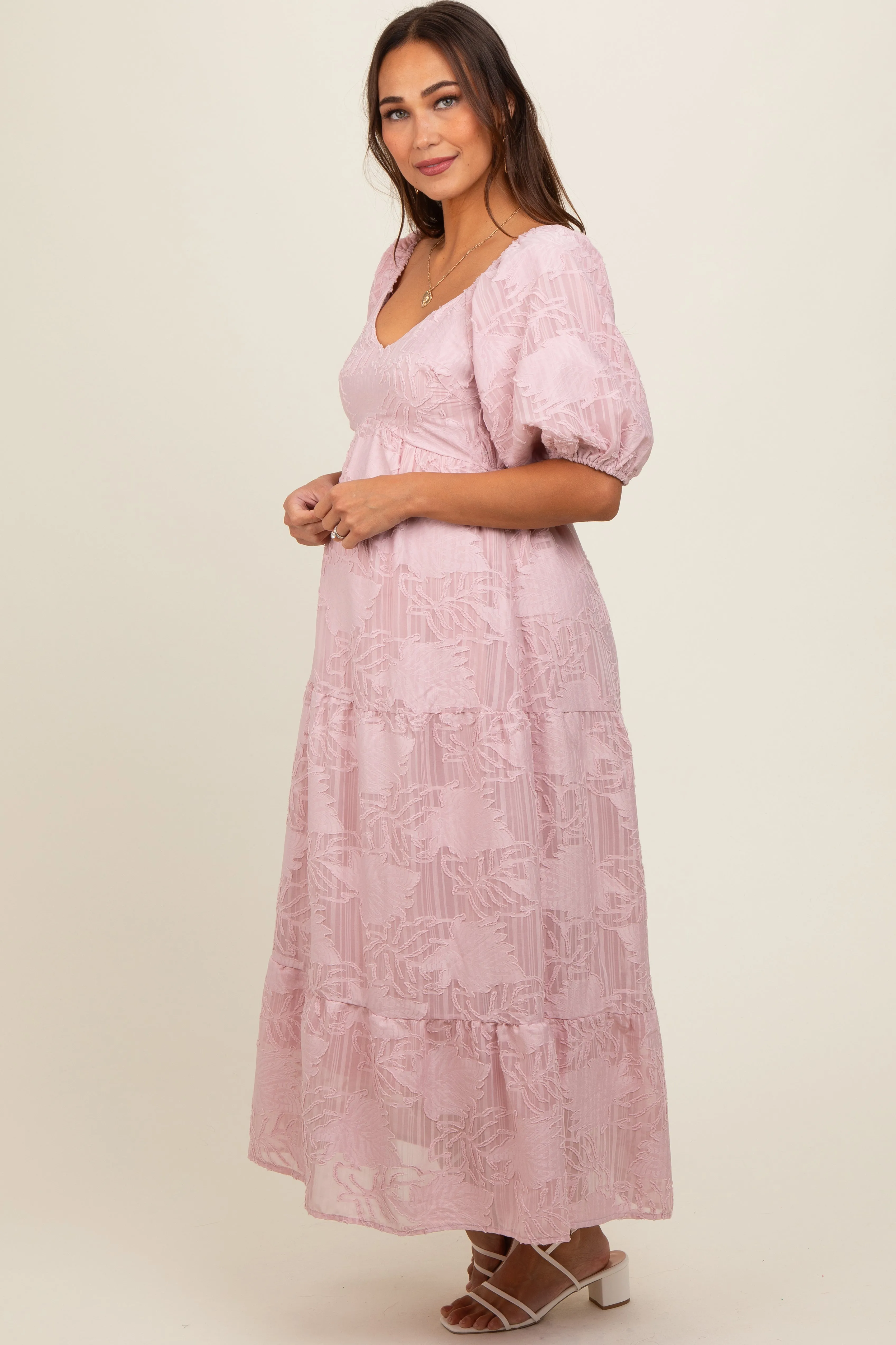 Light Pink Embroidered Leaf Print Striped Maternity Maxi Dress sold by Pinkblush product image thumbnail 2