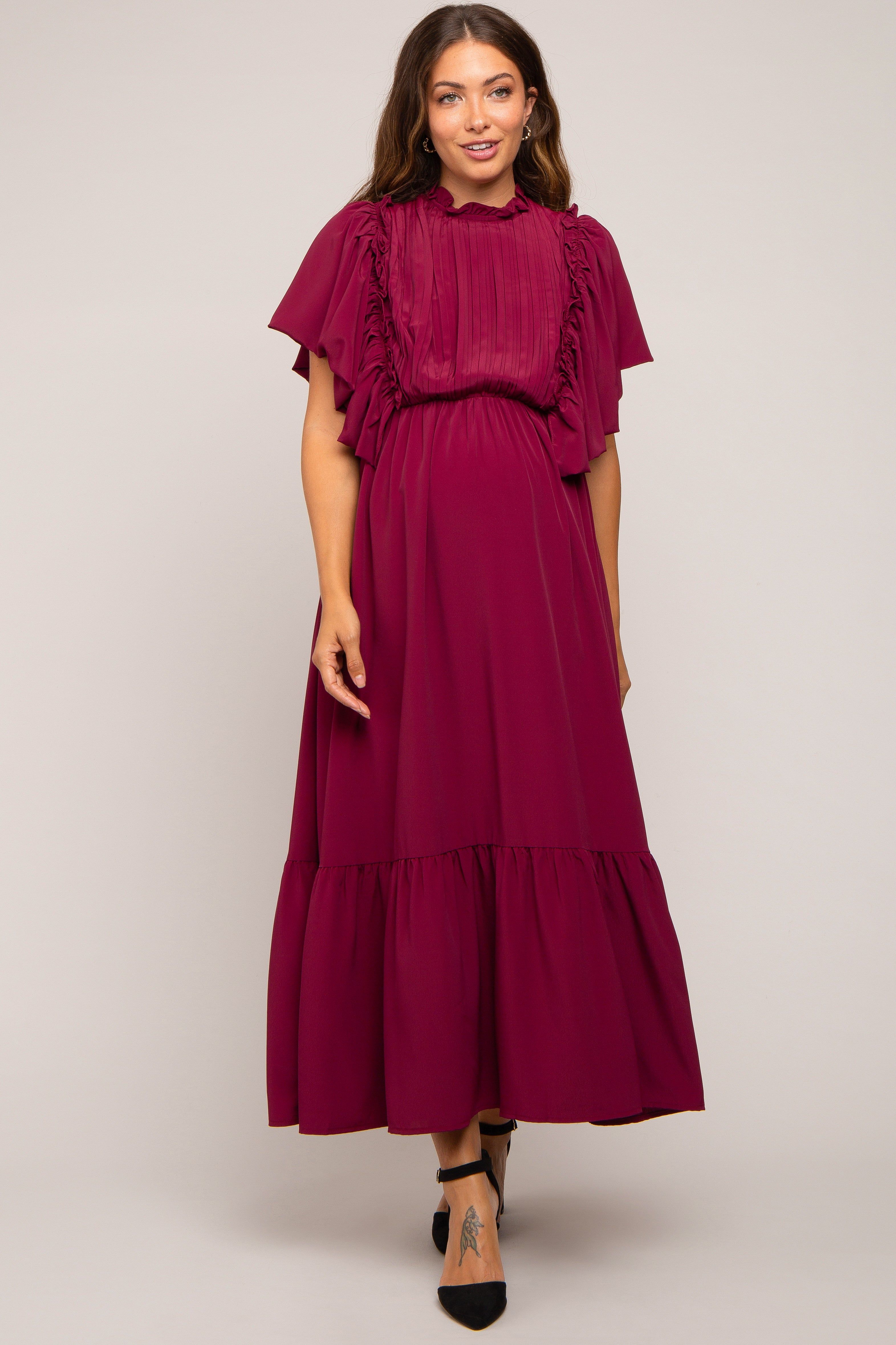 Burgundy Ruffle Pleated Maternity Maxi Dress sold by Pinkblush