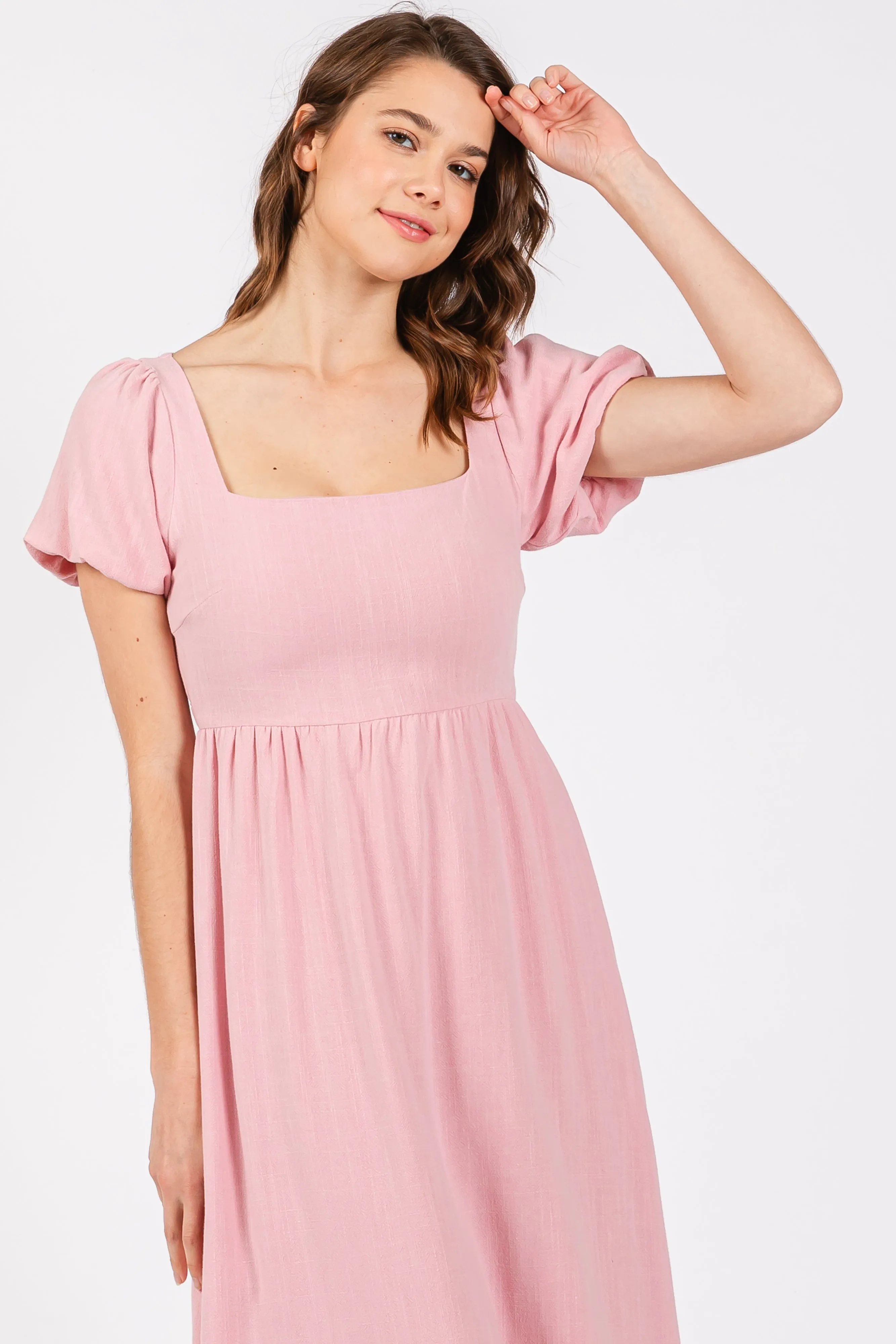 Pink Puff Sleeve Linen Midi Dress sold by Pinkblush product image thumbnail 4