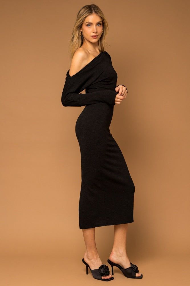 Black Off Shoulder Long Sleeve Midi Dress sold by Pinkblush product image thumbnail 2