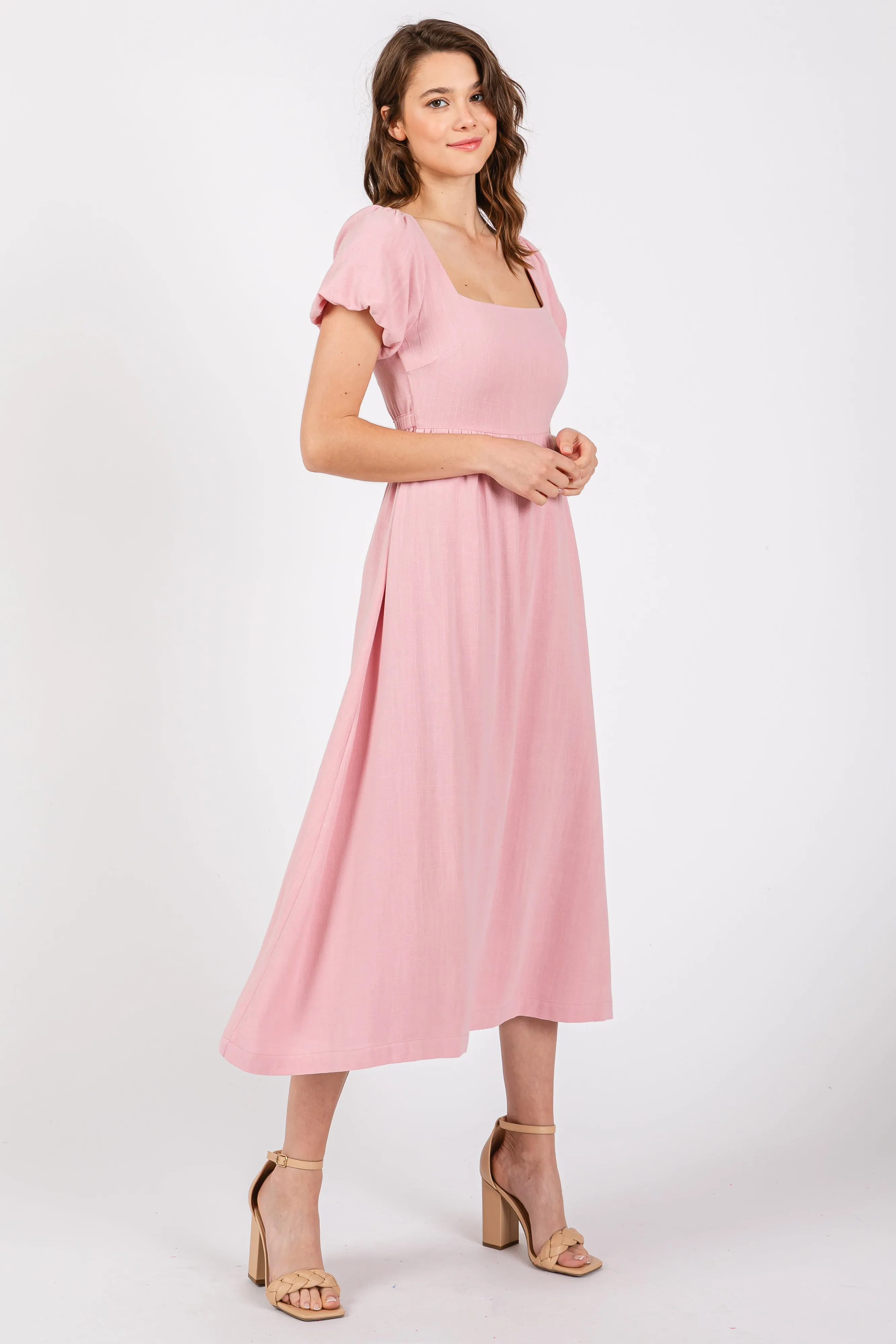 Pink Puff Sleeve Linen Midi Dress sold by Pinkblush