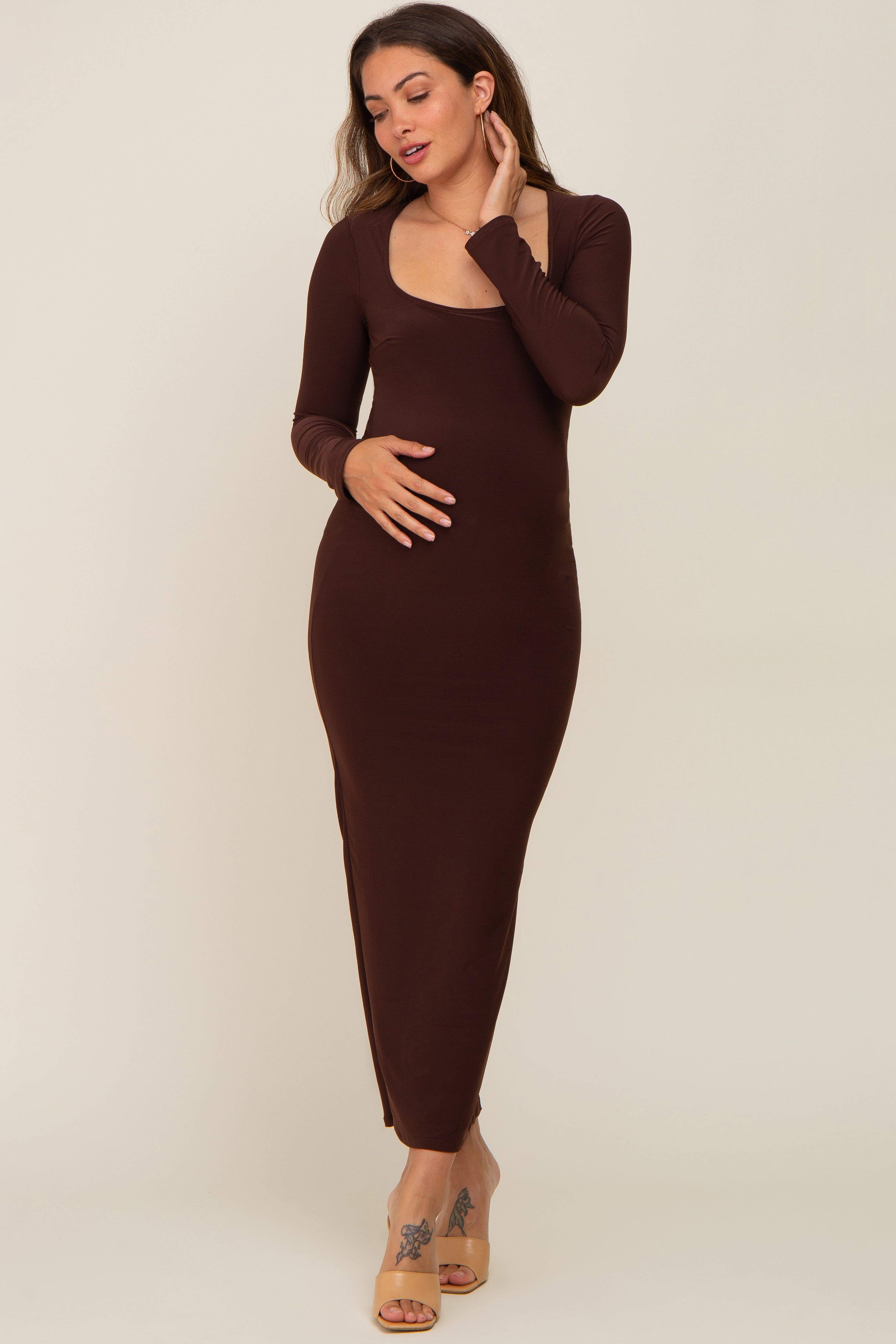 Brown Square Neck Fitted Long Sleeve Maternity Maxi Dress sold by Pinkblush product image thumbnail 2