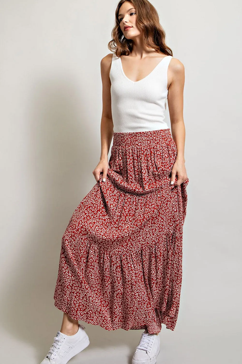 Red Floral Tiered Maxi Skirt sold by Pinkblush