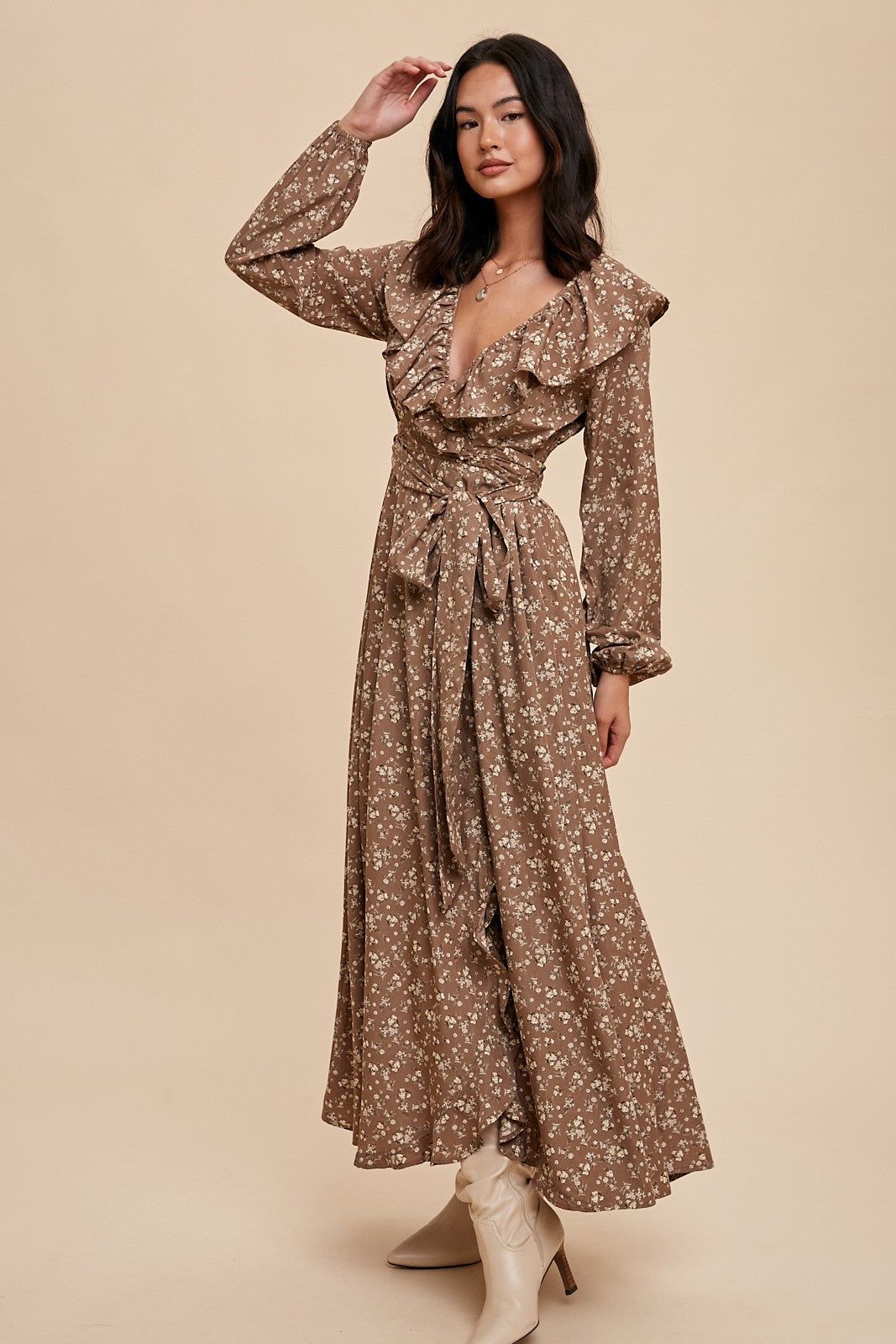 Mocha Floral Ruffle V-Neck Wrap Front Maternity Maxi Dress sold by Pinkblush product image thumbnail 5