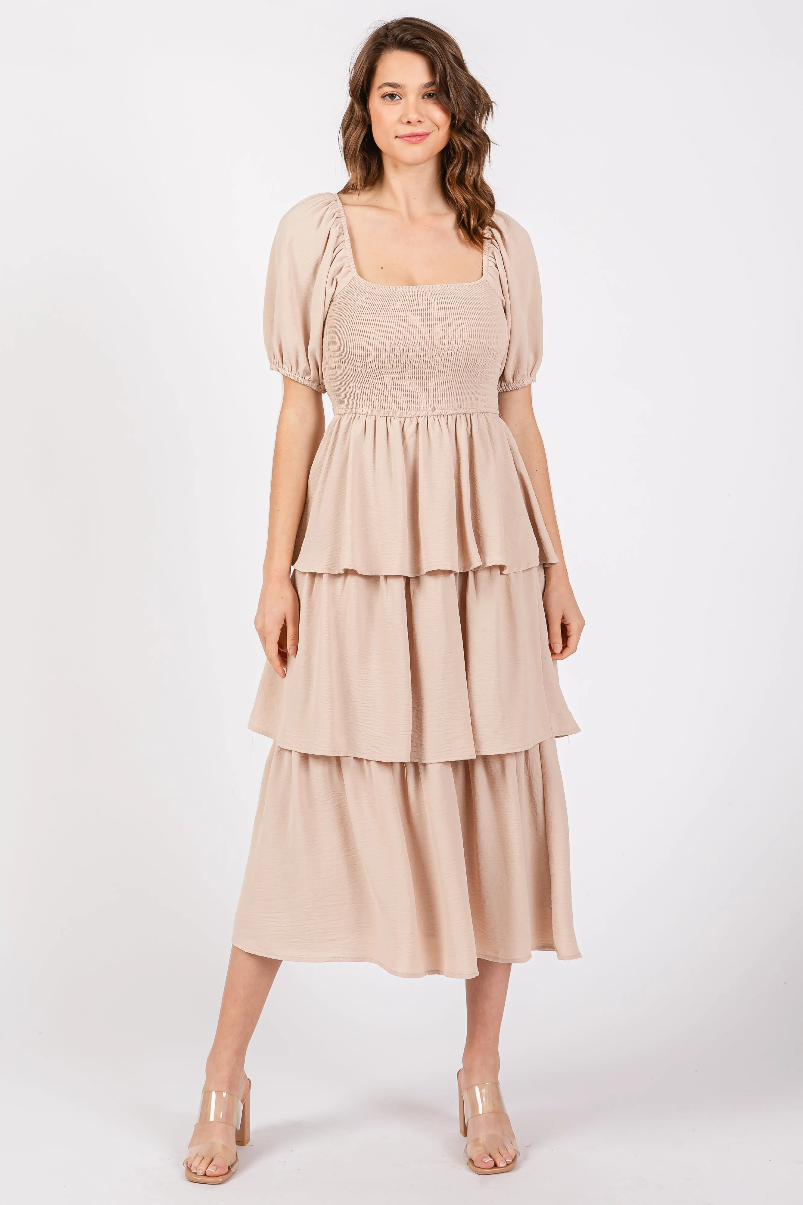 Beige Smocked Square Neck Short Puff Sleeve Ruffle Tiered Maternity Midi Dress sold by Pinkblush product image thumbnail 4