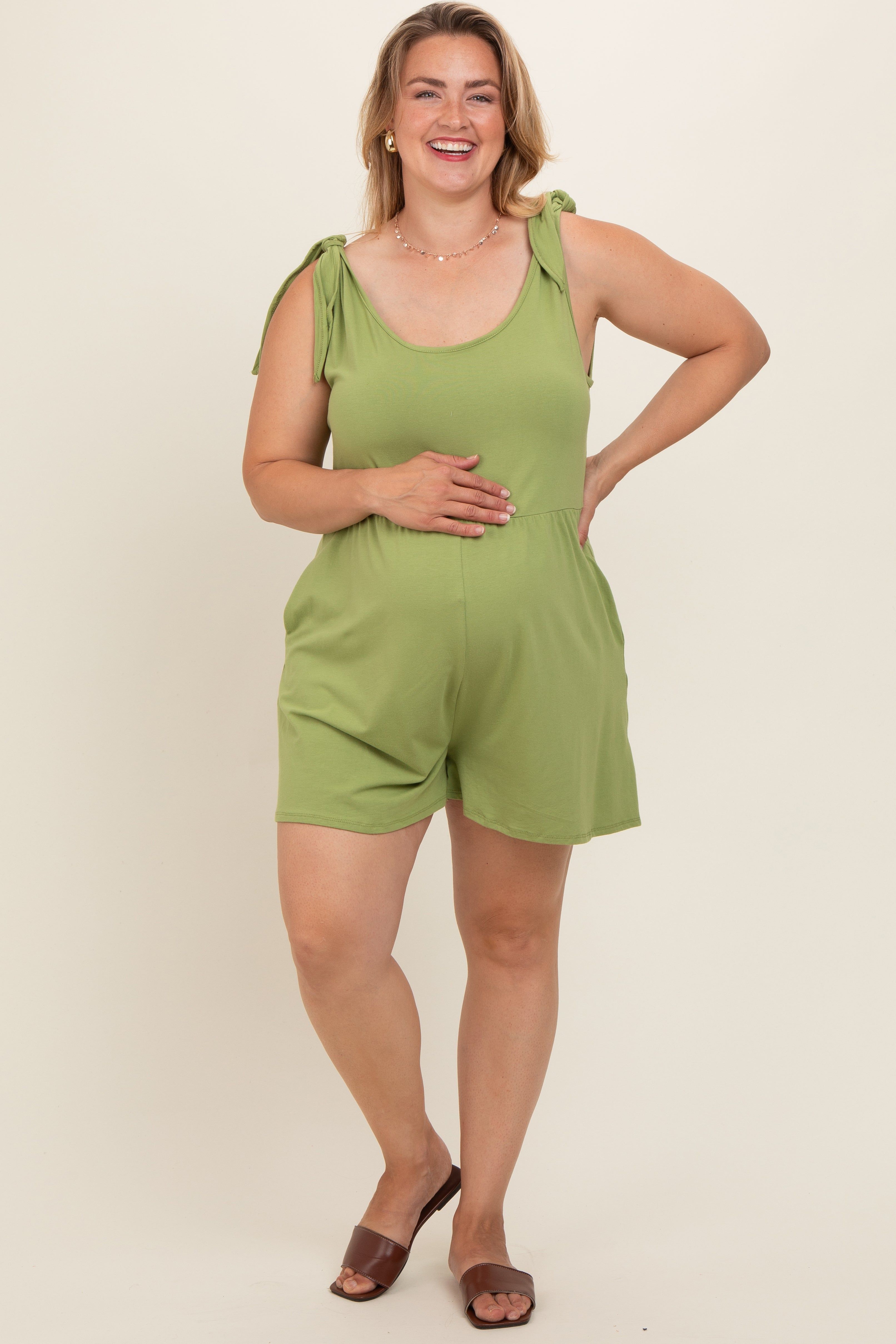 Light Olive Knot Strap Maternity Plus Romper sold by Pinkblush product image thumbnail 2