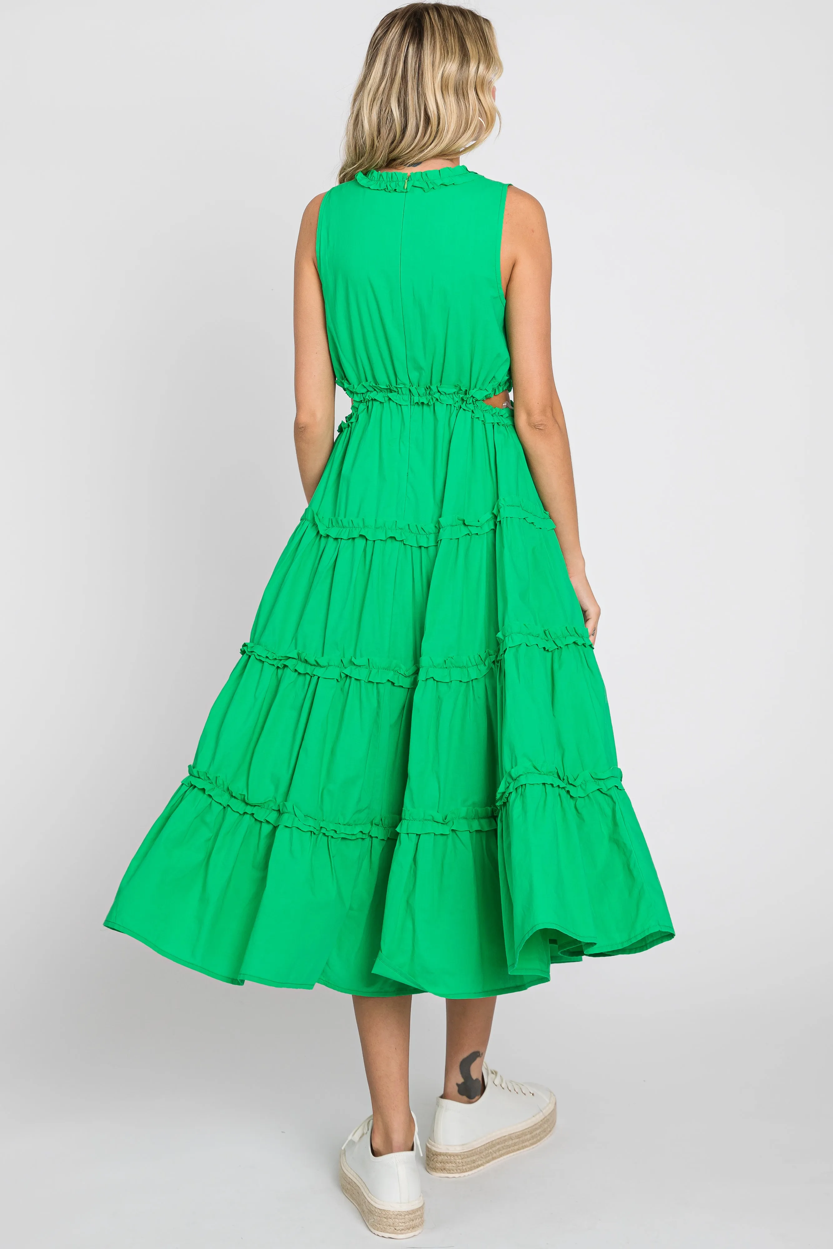 Green Tiered Ruffle Cutout Midi Dress sold by Pinkblush product image thumbnail 3