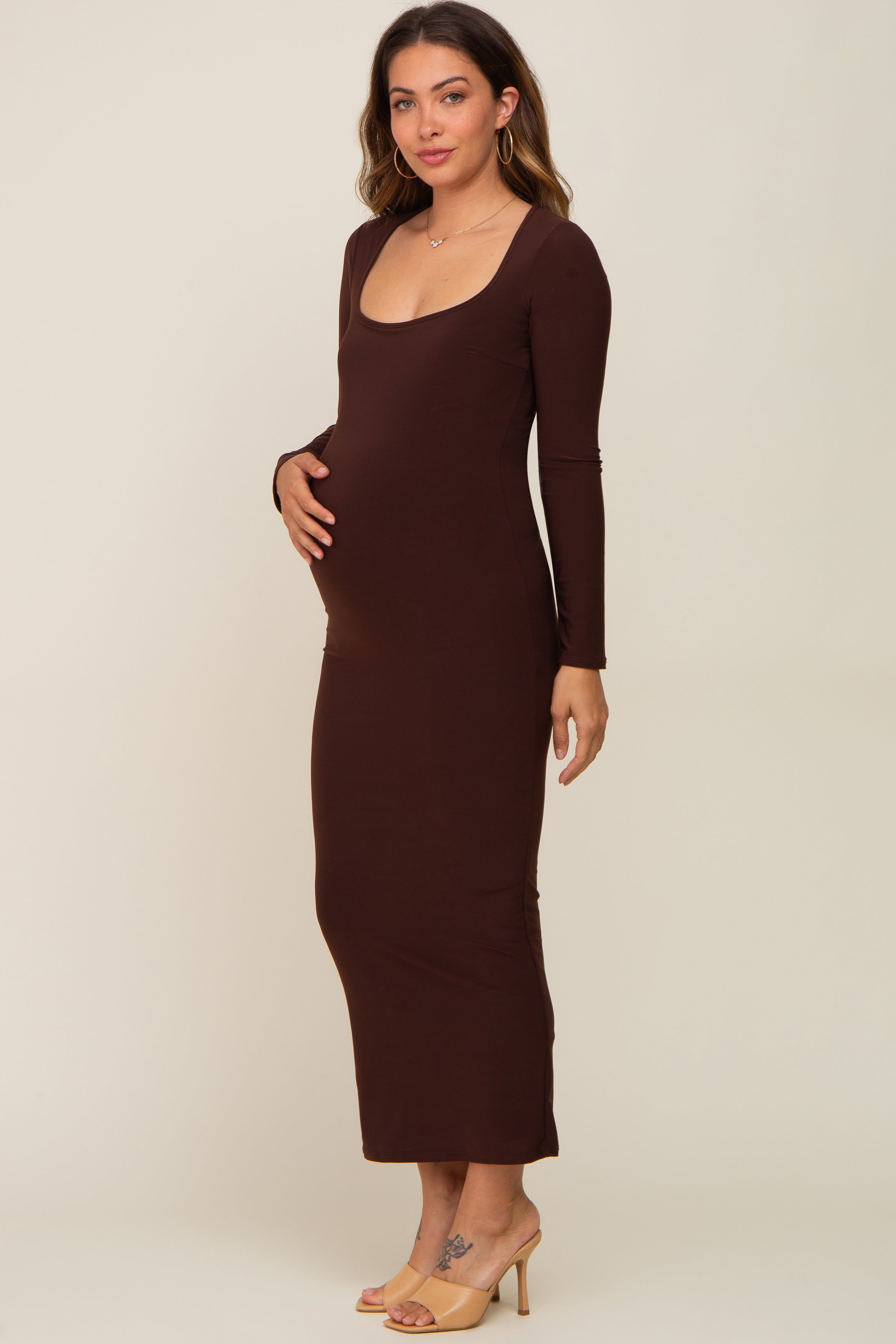 Brown Square Neck Fitted Long Sleeve Maternity Maxi Dress sold by Pinkblush product image thumbnail 3