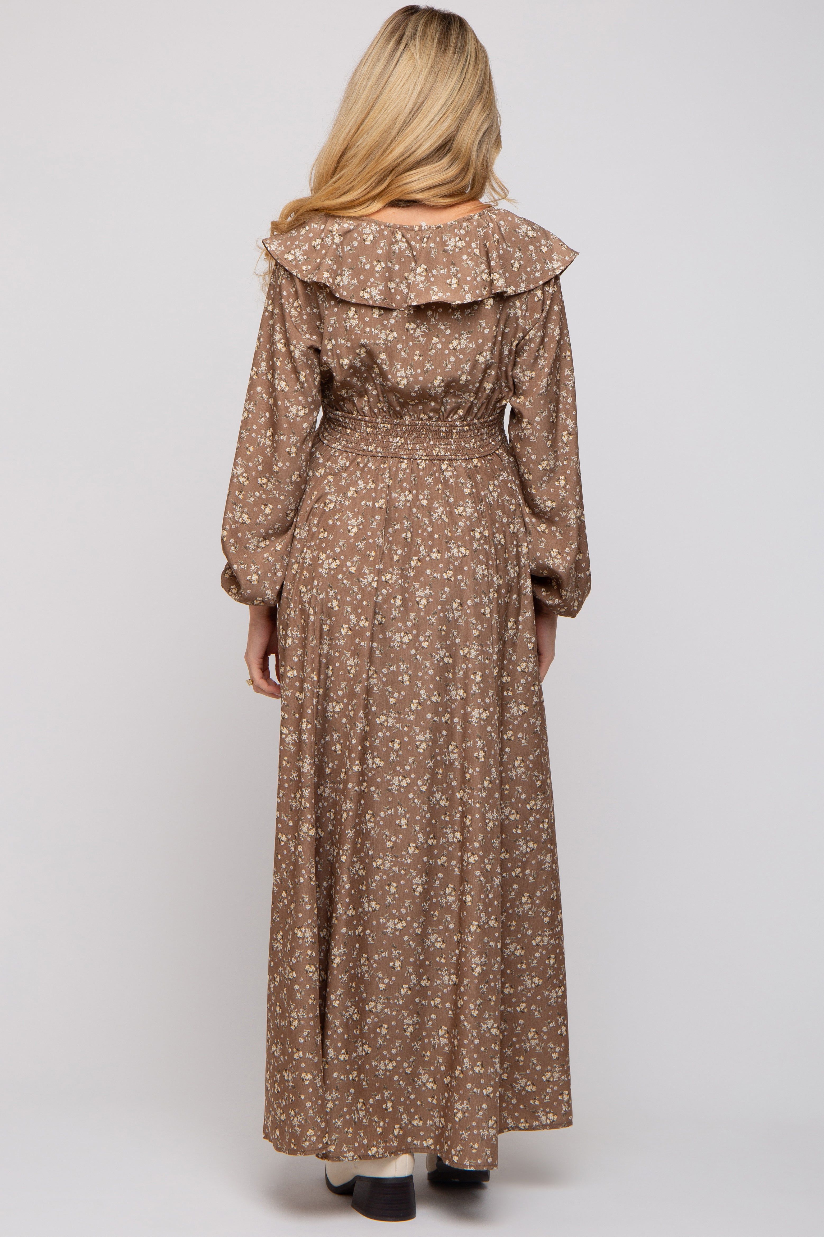Mocha Floral Ruffle V-Neck Wrap Front Maternity Maxi Dress sold by Pinkblush product image thumbnail 3