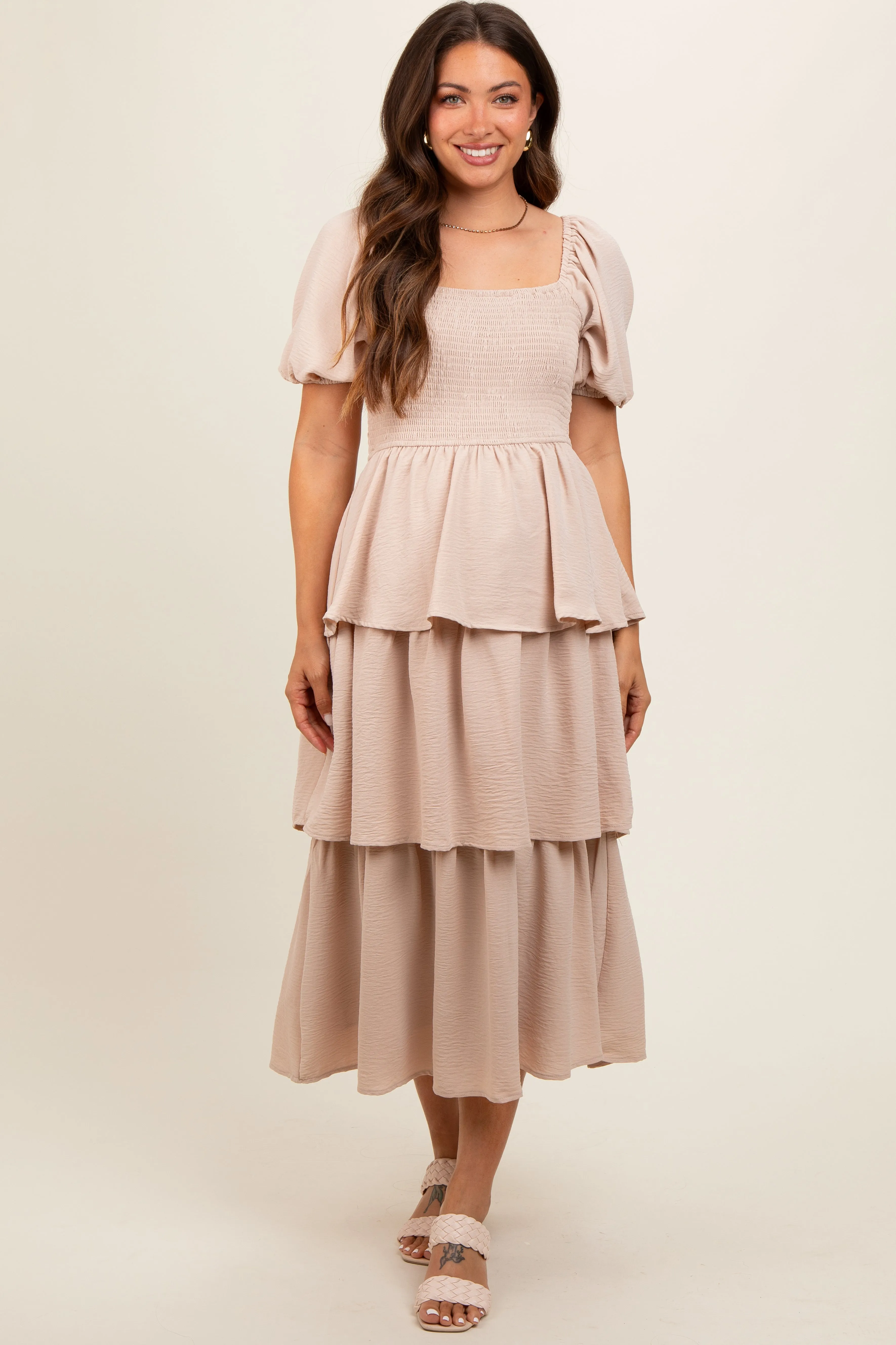 Beige Smocked Square Neck Short Puff Sleeve Ruffle Tiered Maternity Midi Dress sold by Pinkblush product image thumbnail 2