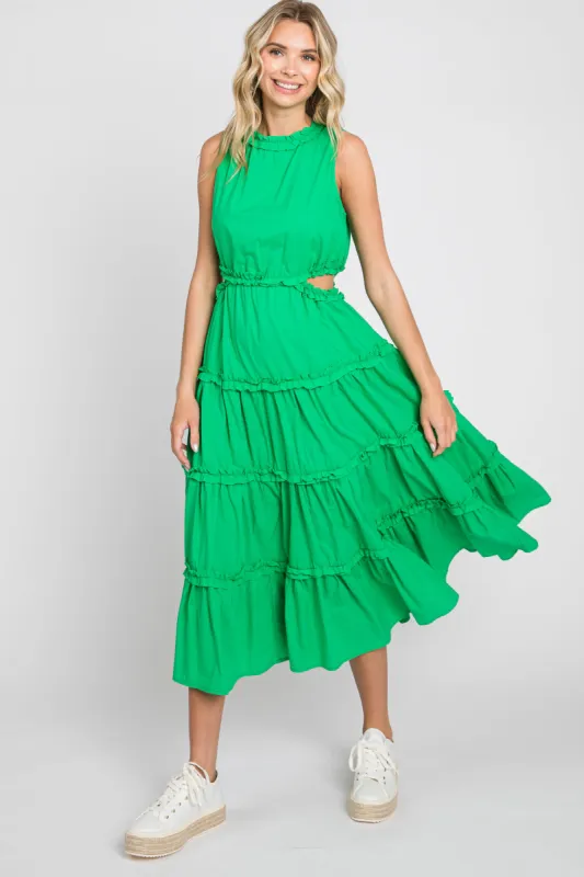 Green Tiered Ruffle Cutout Midi Dress sold by Pinkblush