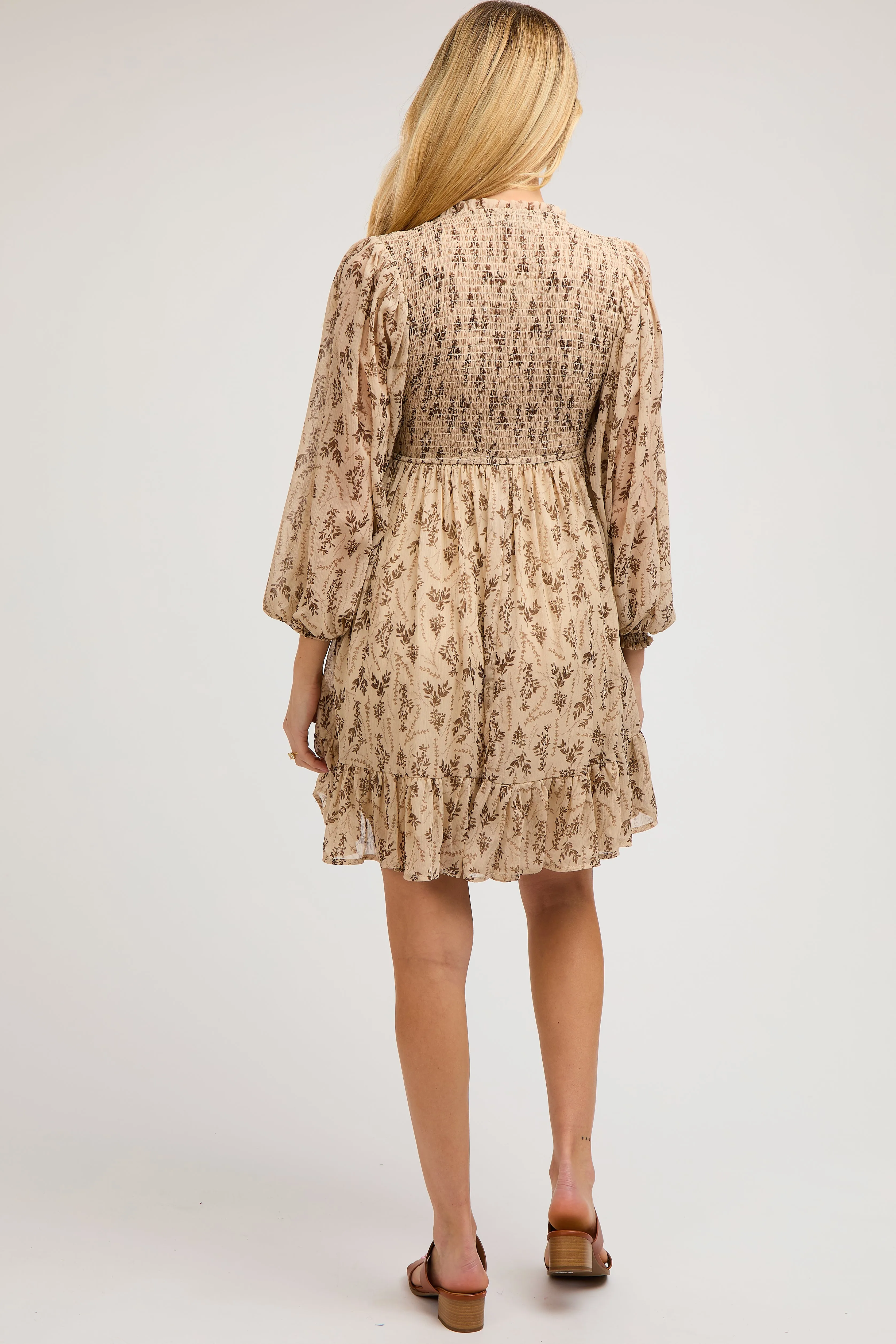 Taupe Floral Smocked Long Sleeve Maternity Dress sold by Pinkblush product image thumbnail 3