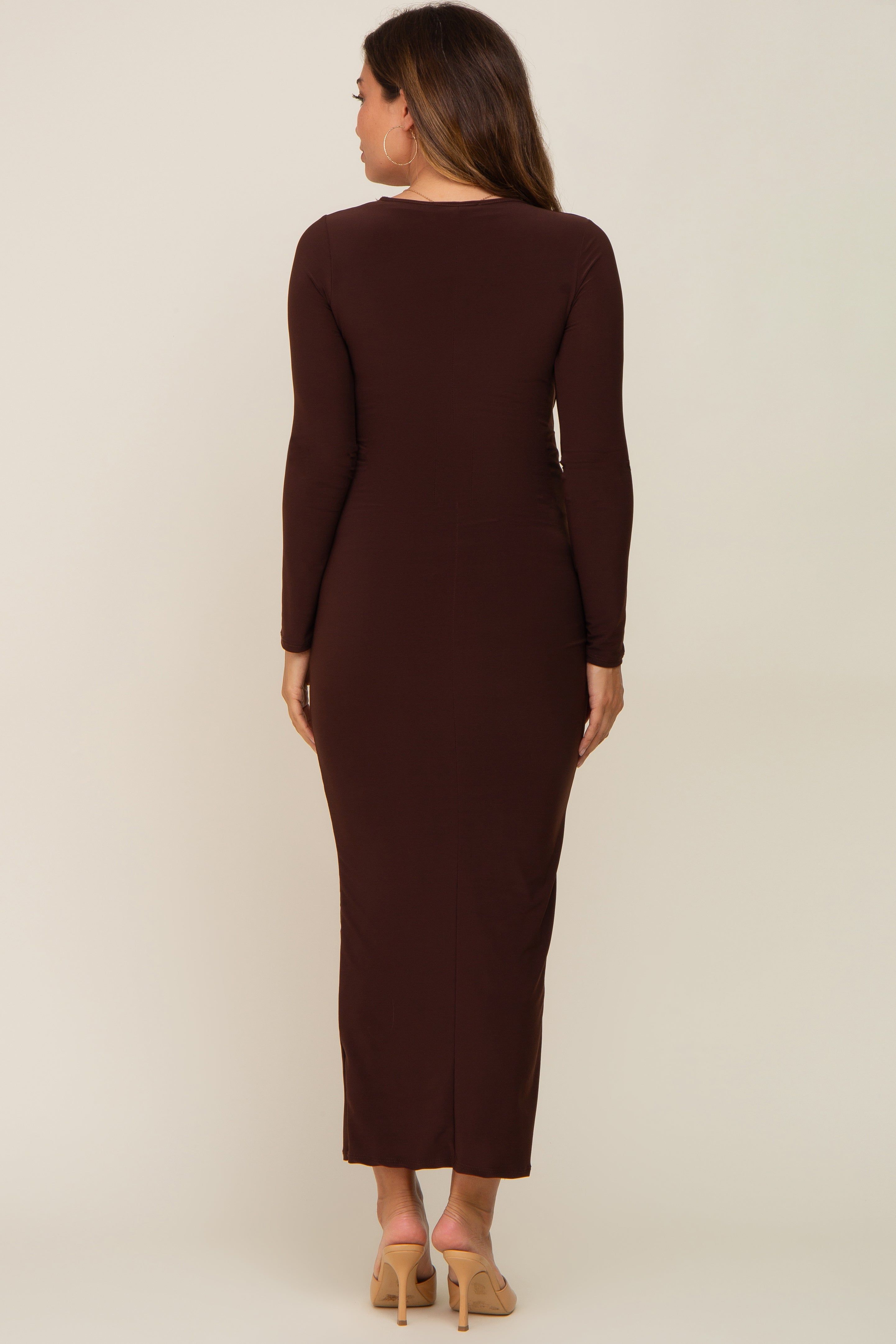 Brown Square Neck Fitted Long Sleeve Maternity Maxi Dress sold by Pinkblush product image thumbnail 4