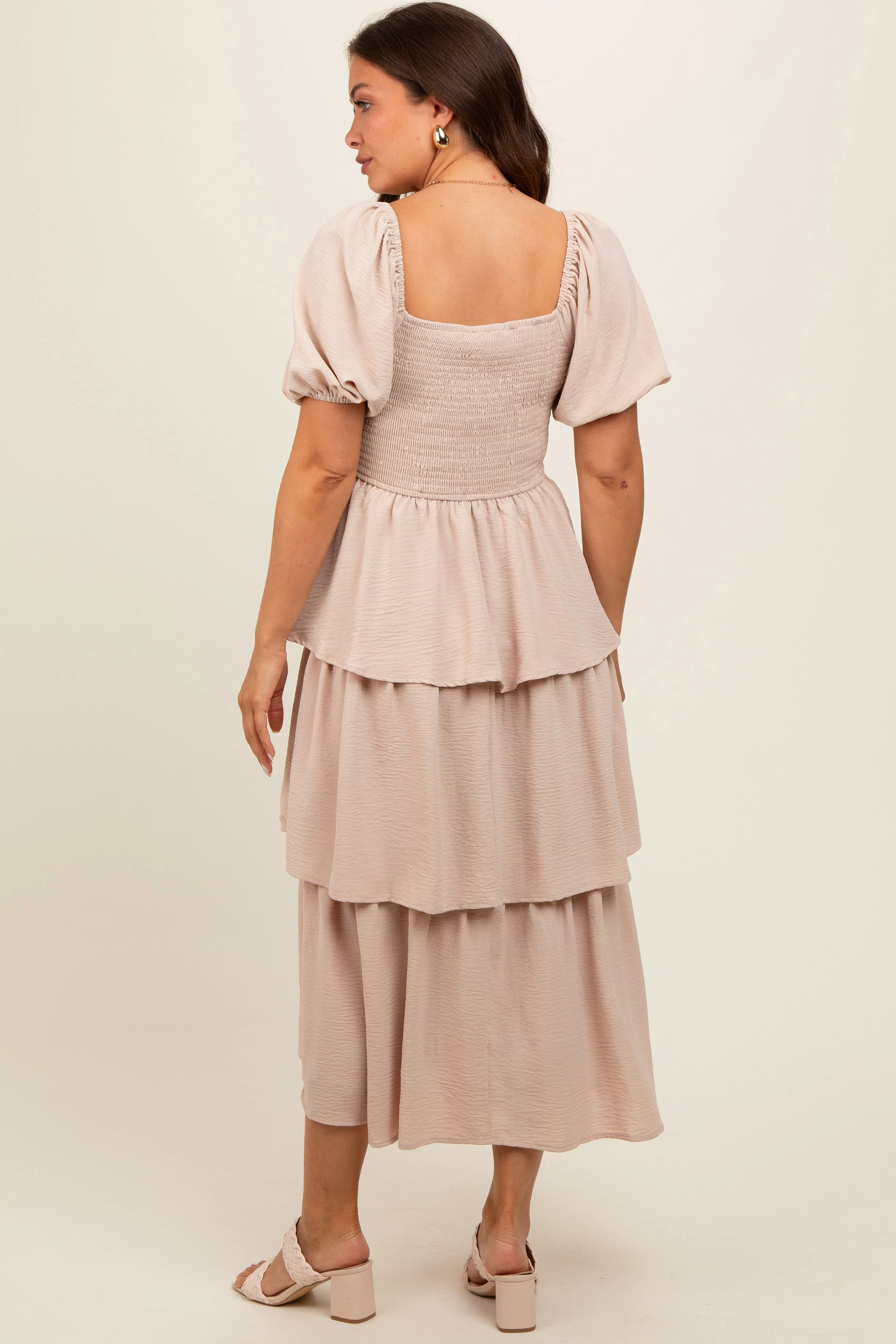 Beige Smocked Square Neck Short Puff Sleeve Ruffle Tiered Maternity Midi Dress sold by Pinkblush product image thumbnail 3