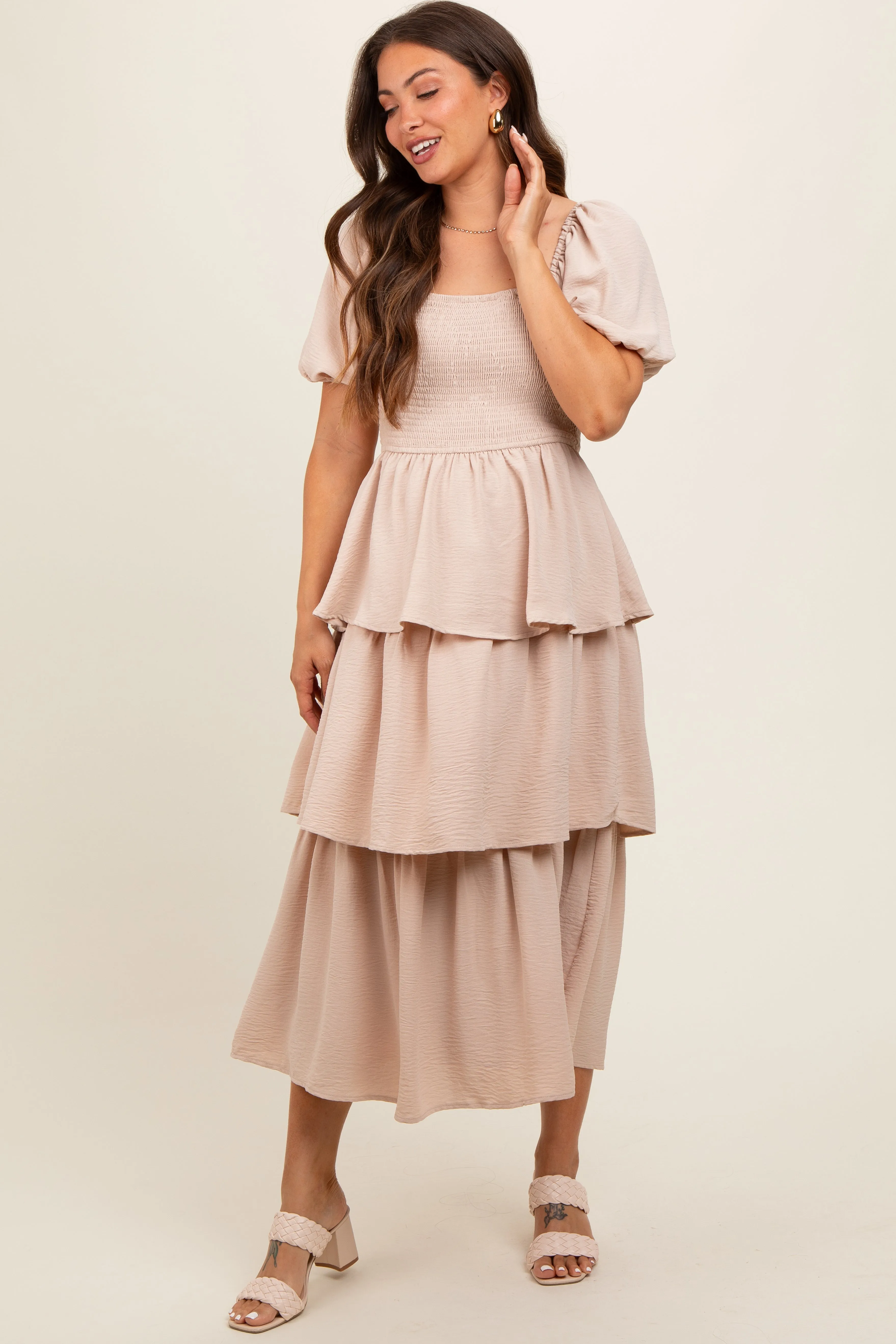 Beige Smocked Square Neck Short Puff Sleeve Ruffle Tiered Maternity Midi Dress sold by Pinkblush